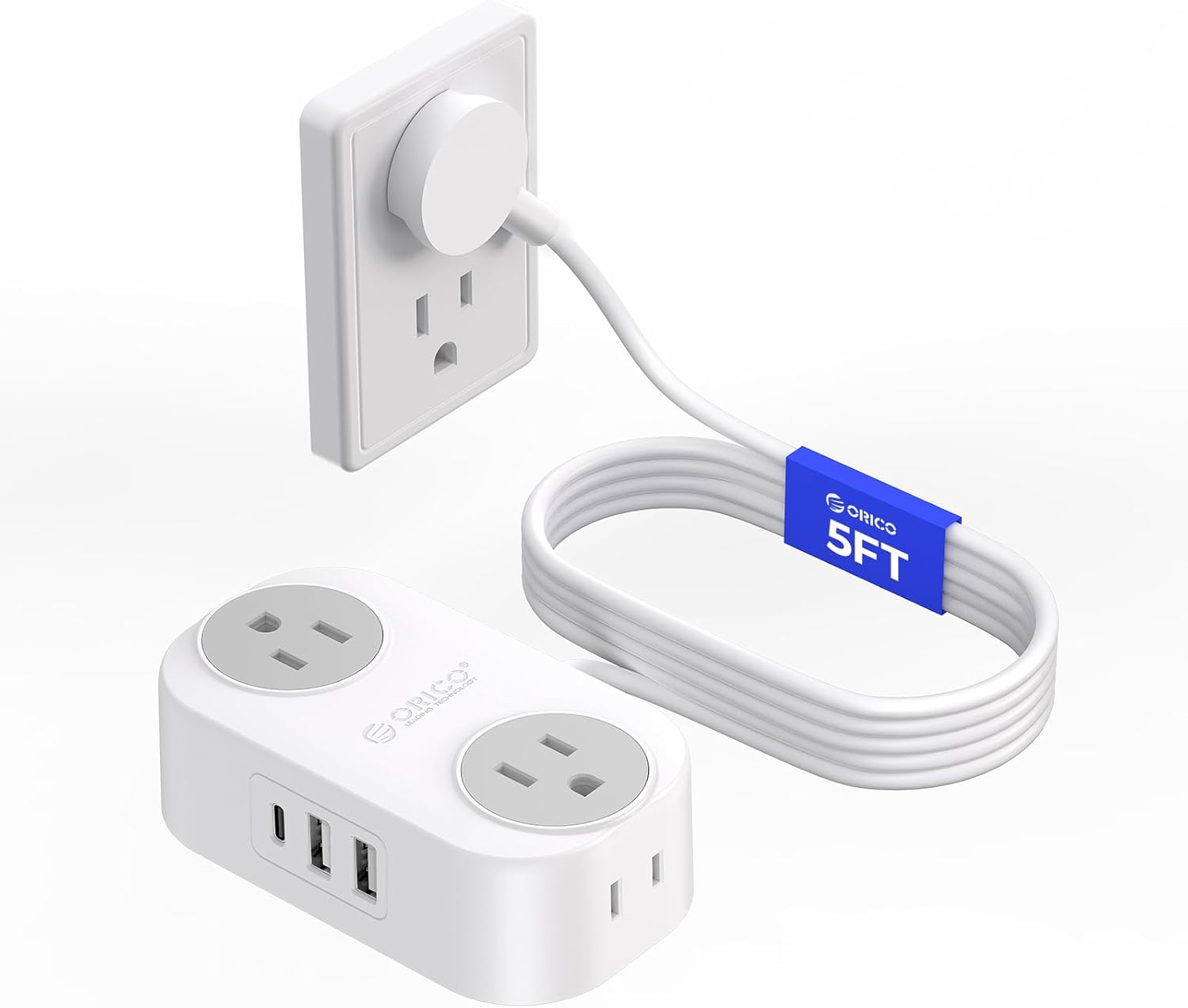 Extension Cord with USB Ports, ORICO 5 FT Extension Cord with 3 USB(1 USB-C) Por...