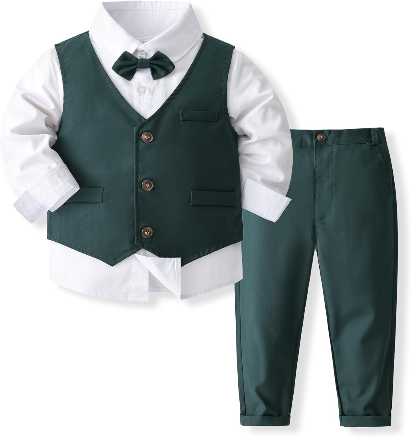 Boys 3Pcs Clothing Sets Long Sleeve Bowtie Shirts +Vest +Pants Casual Suit Green...