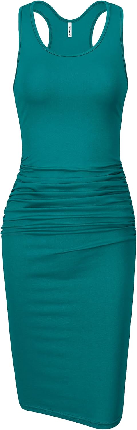 Missufe Women's Sleeveless Racerback Tank Ruched Bodycon Sundress Midi Fitted Ca...