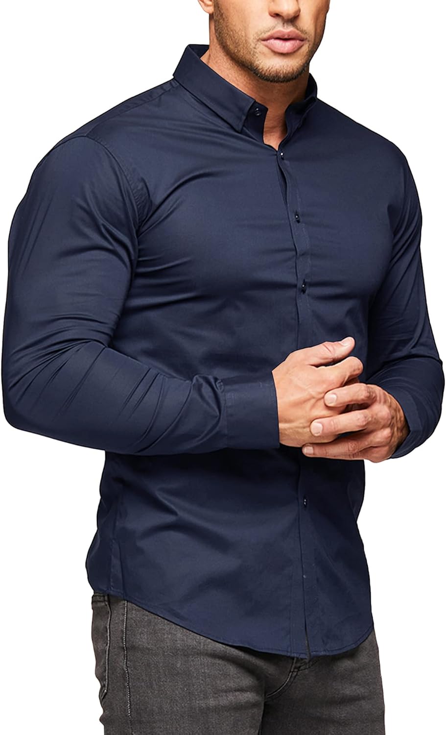 URRU Men's Muscle Dress Shirts Slim Fit Stretch Long Sleeve Casual Button Down S...