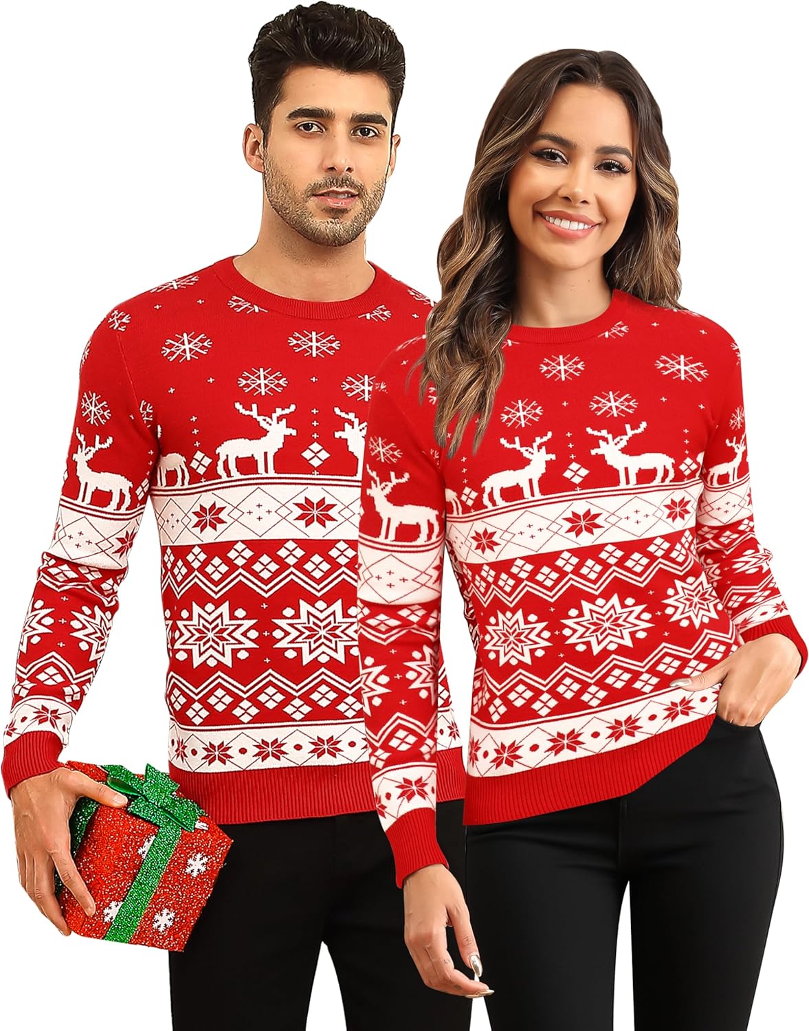 LecGee Couple Matching Christmas Sweaters Xmas Ugly Reindeer Snowflakes Knitted...
