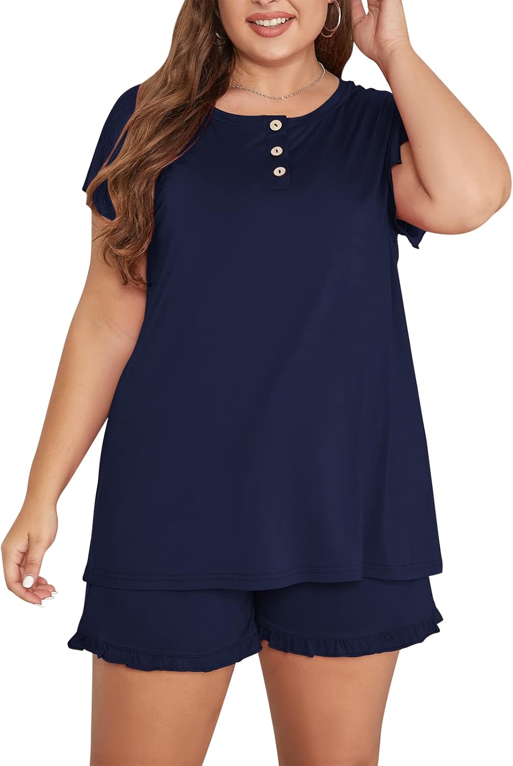 Celkuser Women’s Plus Size 2-Piece Pajama Set with Ruffle Sleeve and Button-Down...