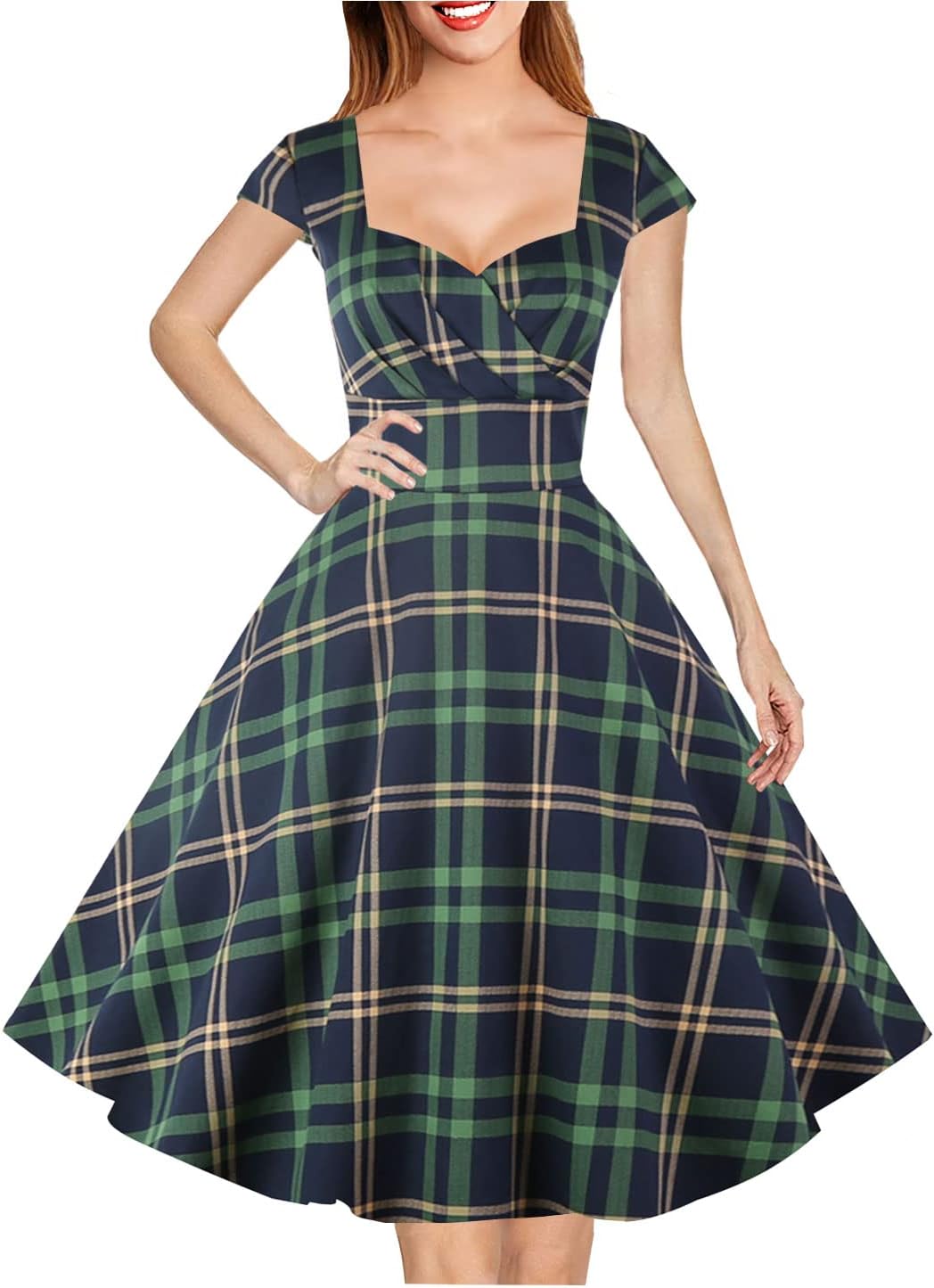 Hanpceirs Women's Cap Sleeve 1950s Retro Vintage Cocktail Swing Dresses with Poc...