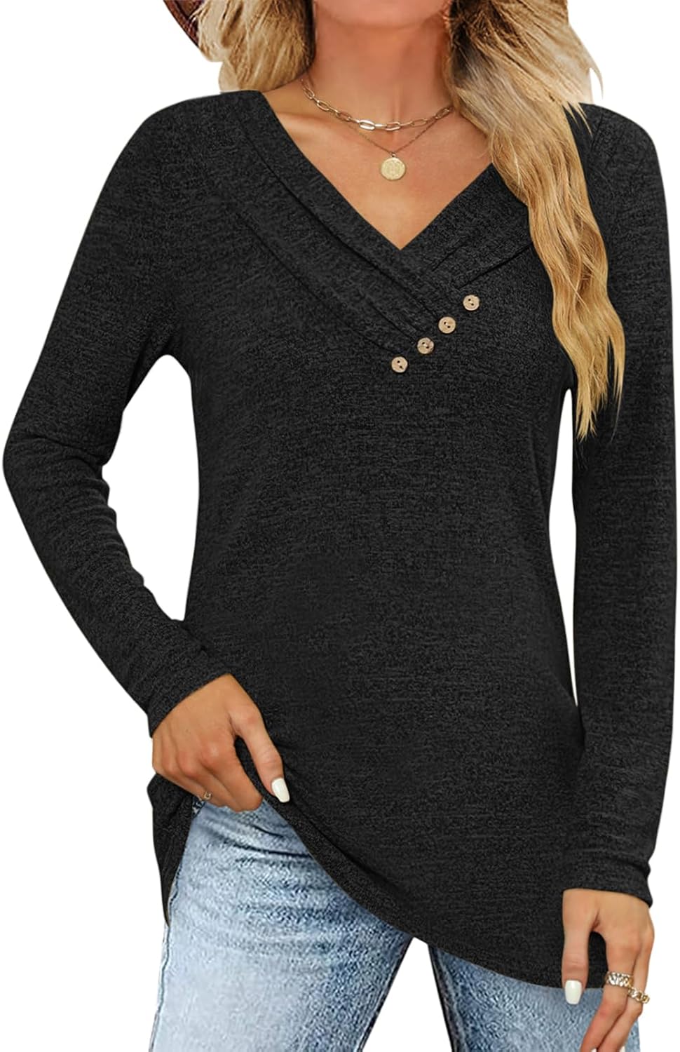 Women's Fall Long Sleeve Tunic Tops for Leggings V Neck Button Casual Blouse Swe...