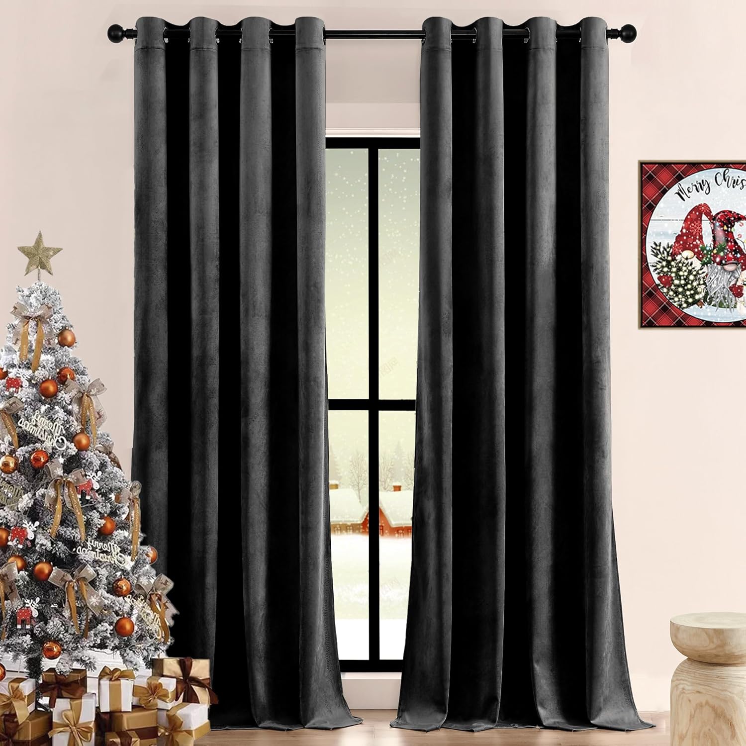 Timeper Black Velvet Curtains Blackout - Home Office 84 inches Long Curtains, Gr...