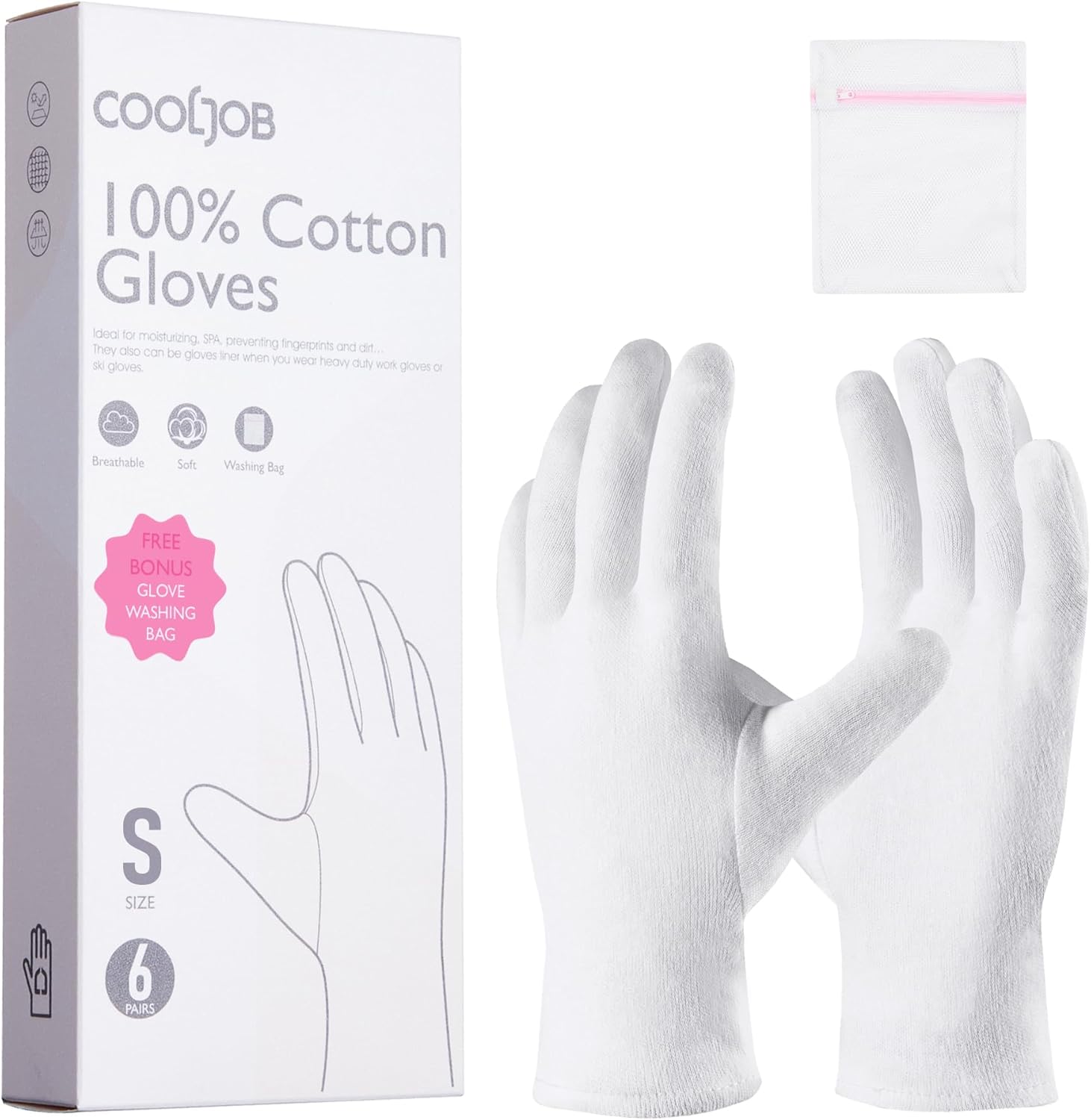 COOLJOB White Cotton Gloves for Women and Men, 6 Pairs Eczema Gloves with a Free...