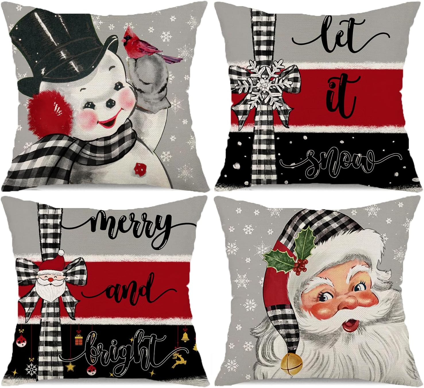 Buffalo Christmas Pillow Covers 20x20 Set of 4 Grey Santa Snowman Snowflake Farm...