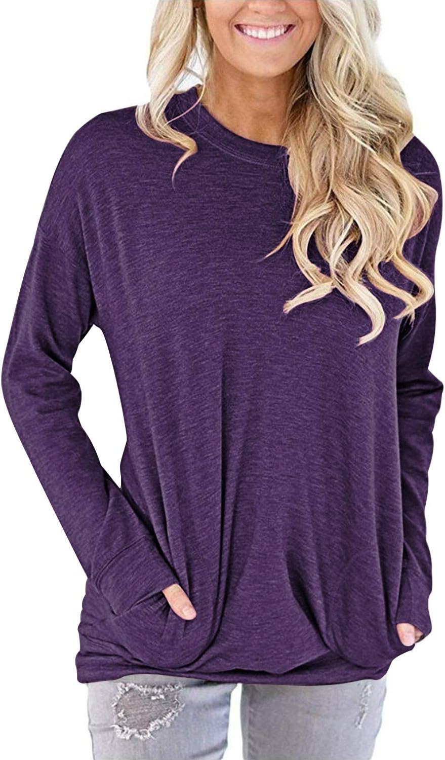 PLOKNRD Women Casual Round Neck Long Sleeve Fit Tunic Top Baggy Comfy Blouse wit...