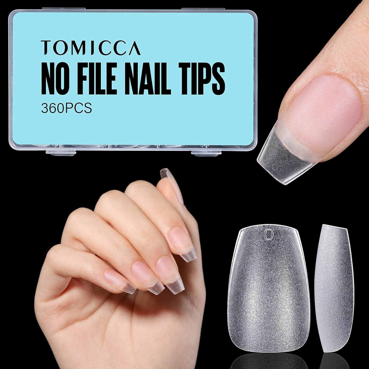 TOMICCA Short Coffin No File Nail Tips- Soft Gel Full Cover 360PCS Matte Clear F...