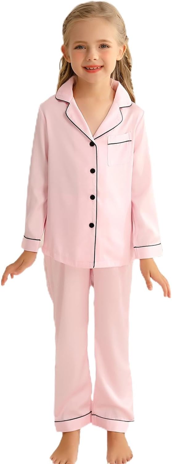 Veseacky Unisex Satin Pajamas Set Boys Girls Silk Pjs for Kids Long Sleeve 2 Pie...