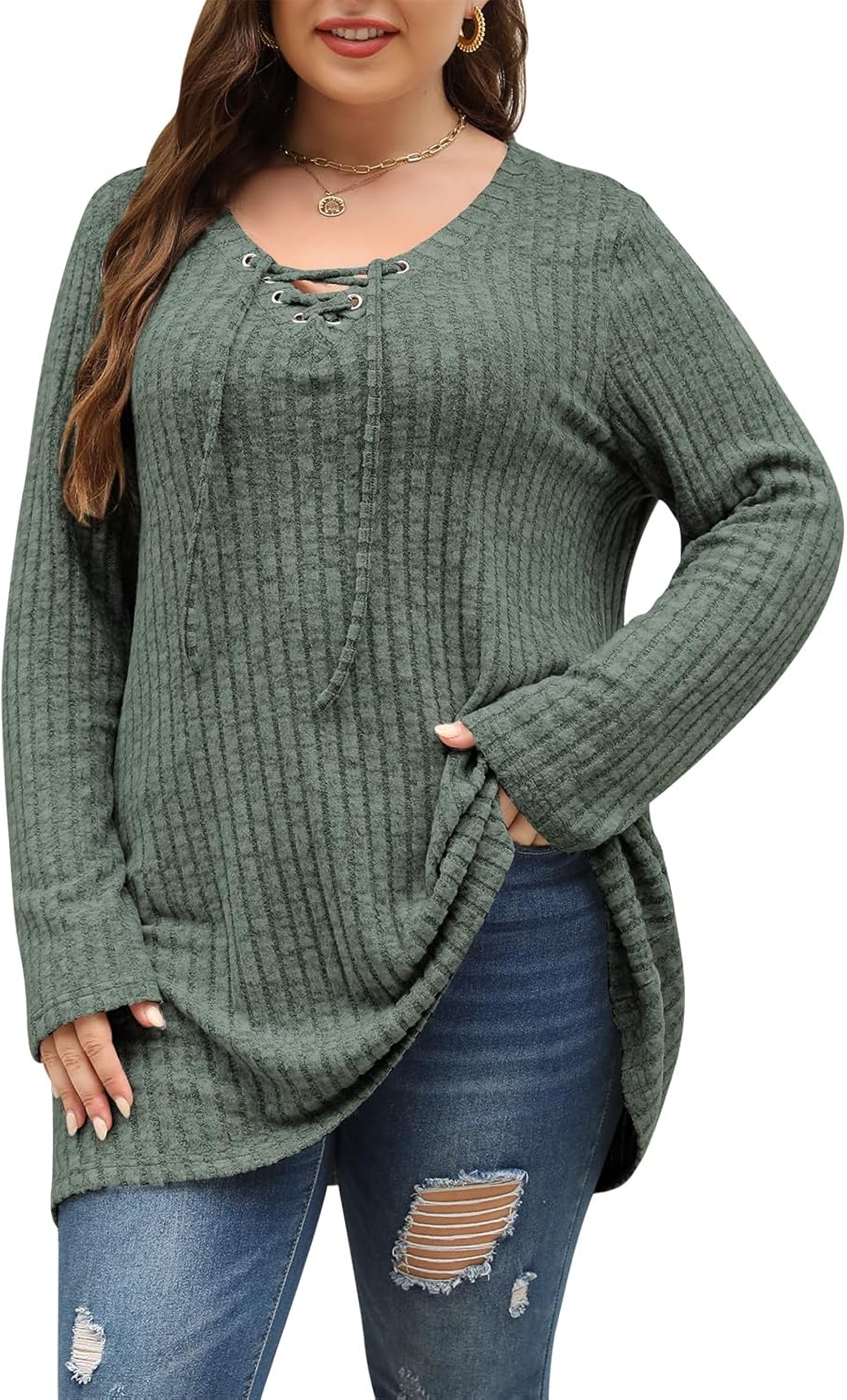 Nemidor Womens Plus Size Drawstring V Neck Long Sweater Solid Long Sleeve Tunic...