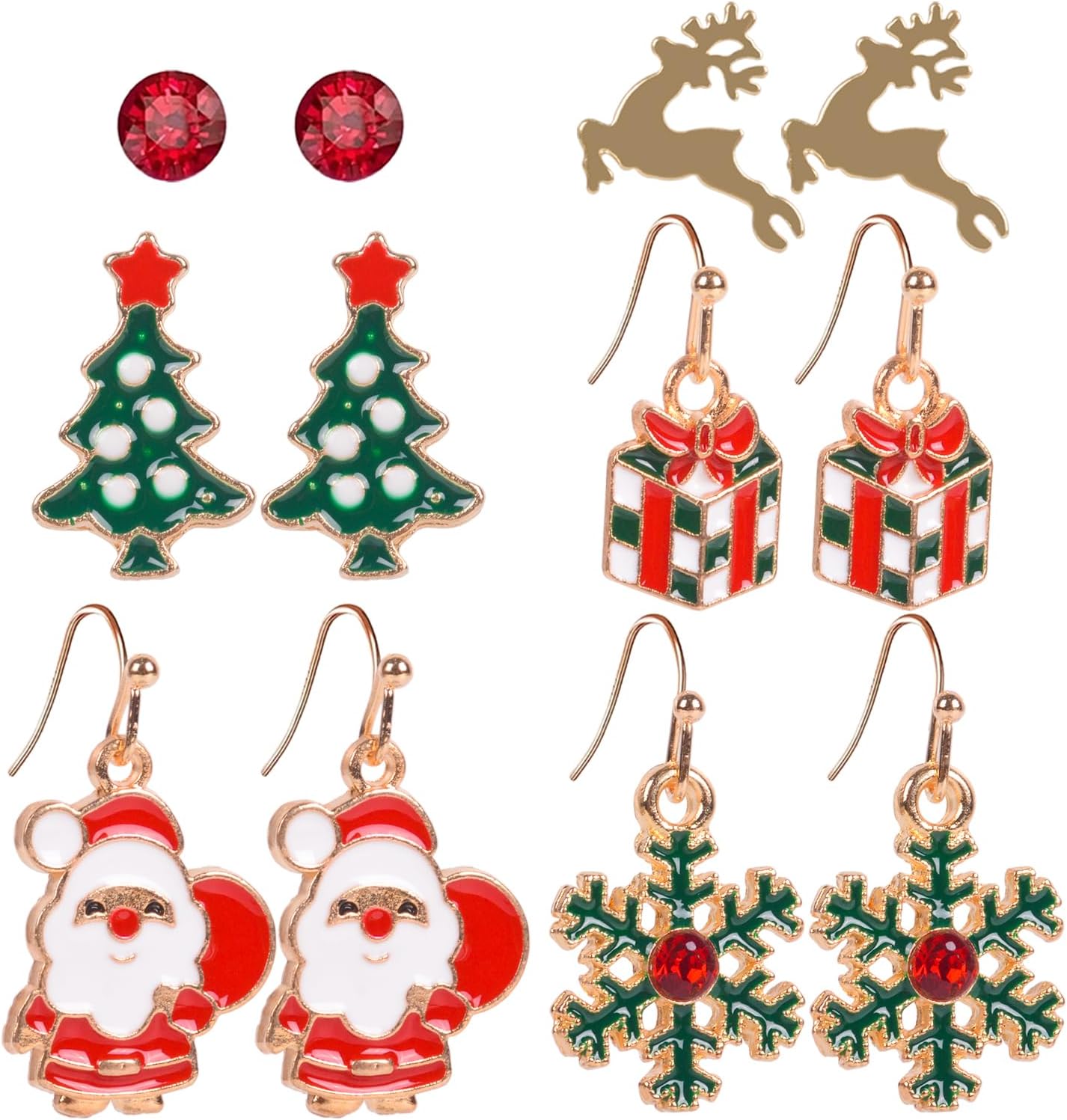 6 Pairs Christmas Earrings Set for Women | Santa Reindeer Snowflake Wreath Chris...