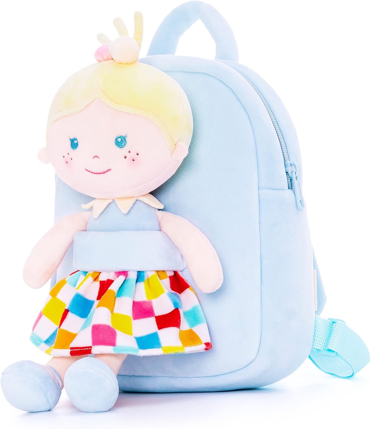 Onetoo Toddler Kids Backpack with Soft Baby Dolls in Plaid Dress 9.5" Blue Backp...