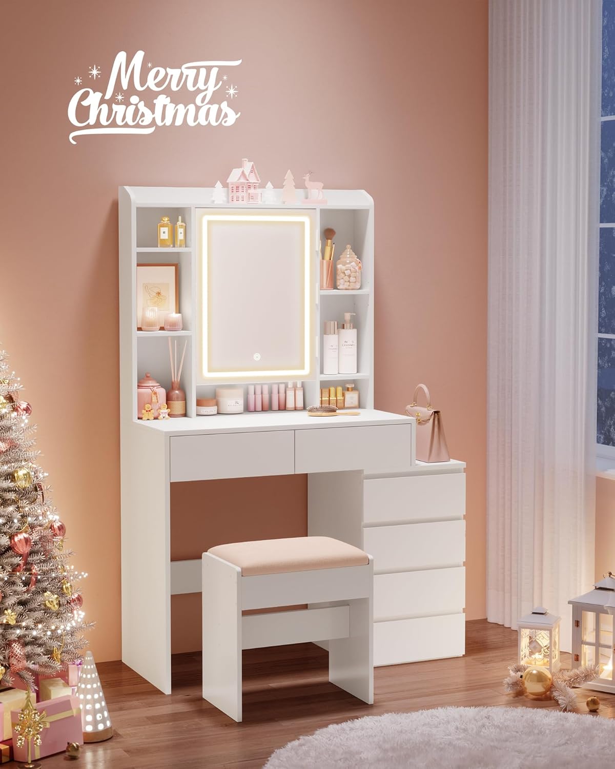 VASAGLE Dressing Table with LED Lights, Adjustable...