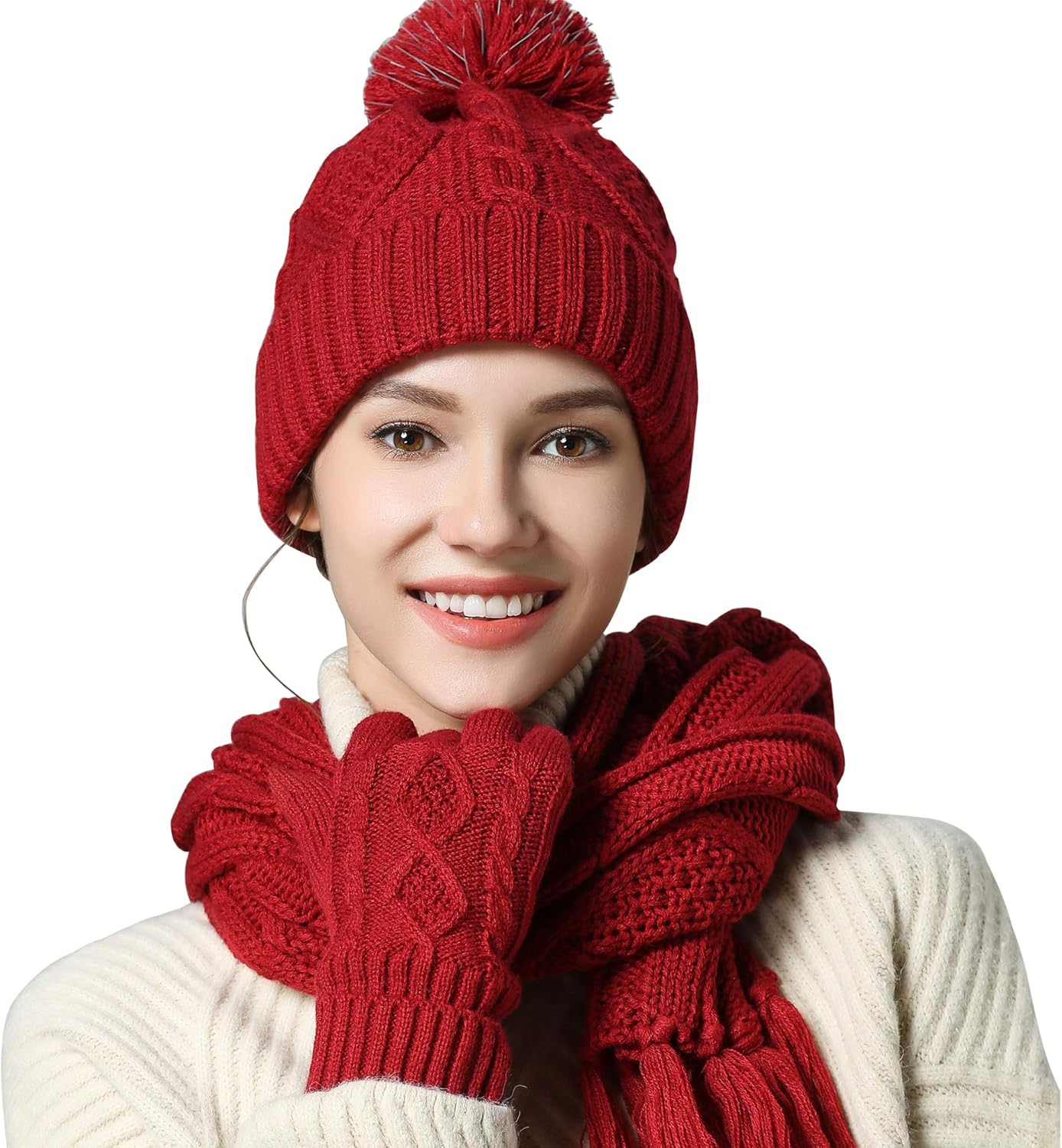 Winter Hat Scarf Gloves Set for Women Beanie Hat with Pom Long Scarf Neck Warmer...