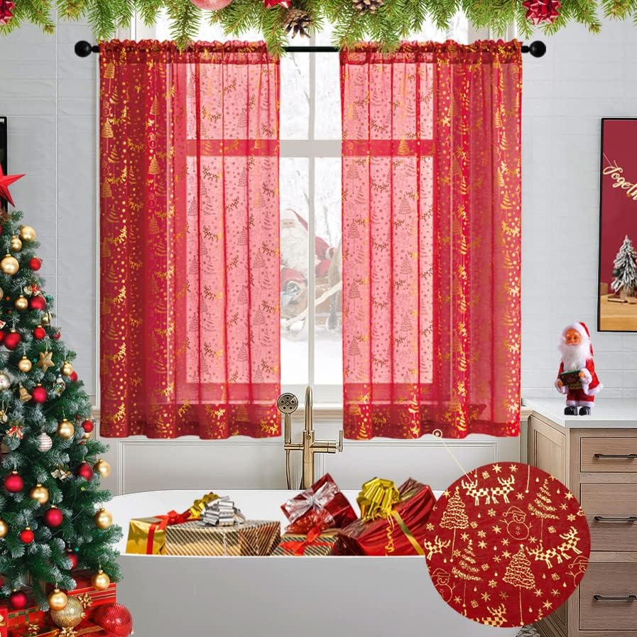 XTMYI Christmas Kitchen Curtains 45 Inch Length,Red Sheer Short Curtains for Win...