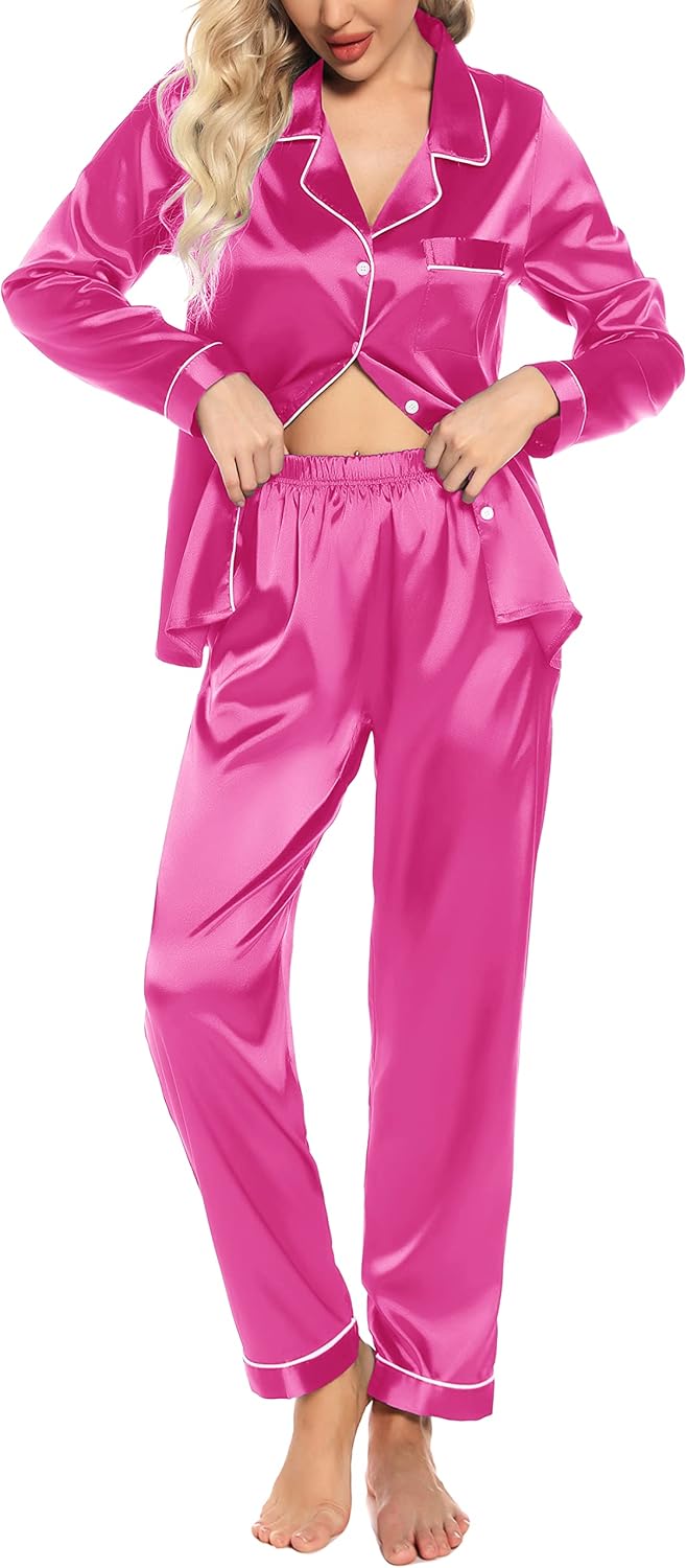 Samring Women's Silk Satin Pajamas Set Long Sleeve Sleepwear Two Piece Button Do...