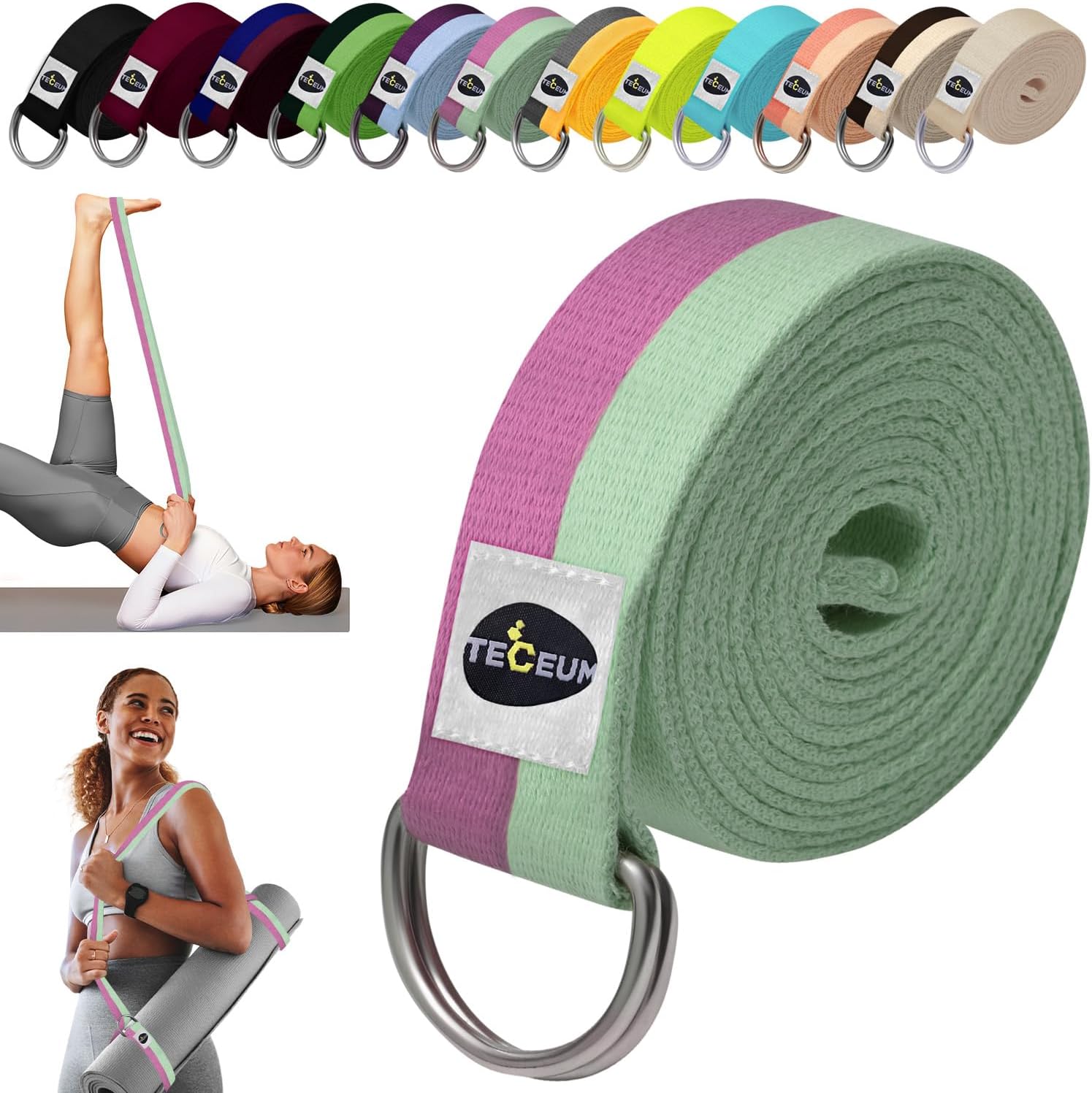 TECEUM [New 2025] Yoga & Mat Strap – 2 in 1 – Cotton – 6 ft 8 ft 10 ft (30+ Colo...