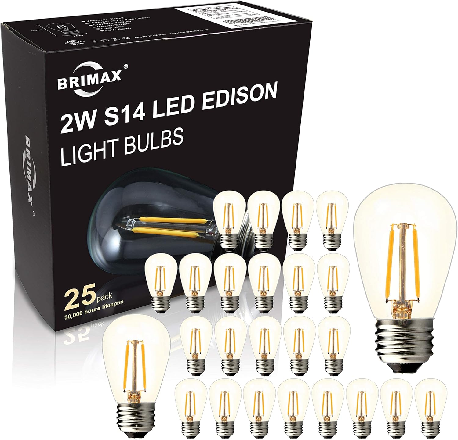 BRIMAX 25PACK 2W S14 LED Outdoor Edison Light Bulbs for String Light Replacement...
