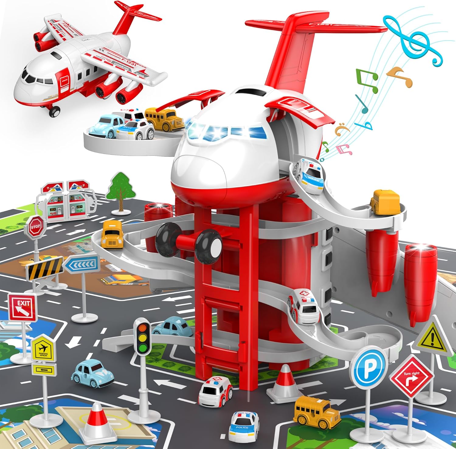 Dwi Dowellin Airplane Toys for Kids 3 4 5 6 Years Old with City Cars and Paly Ma...