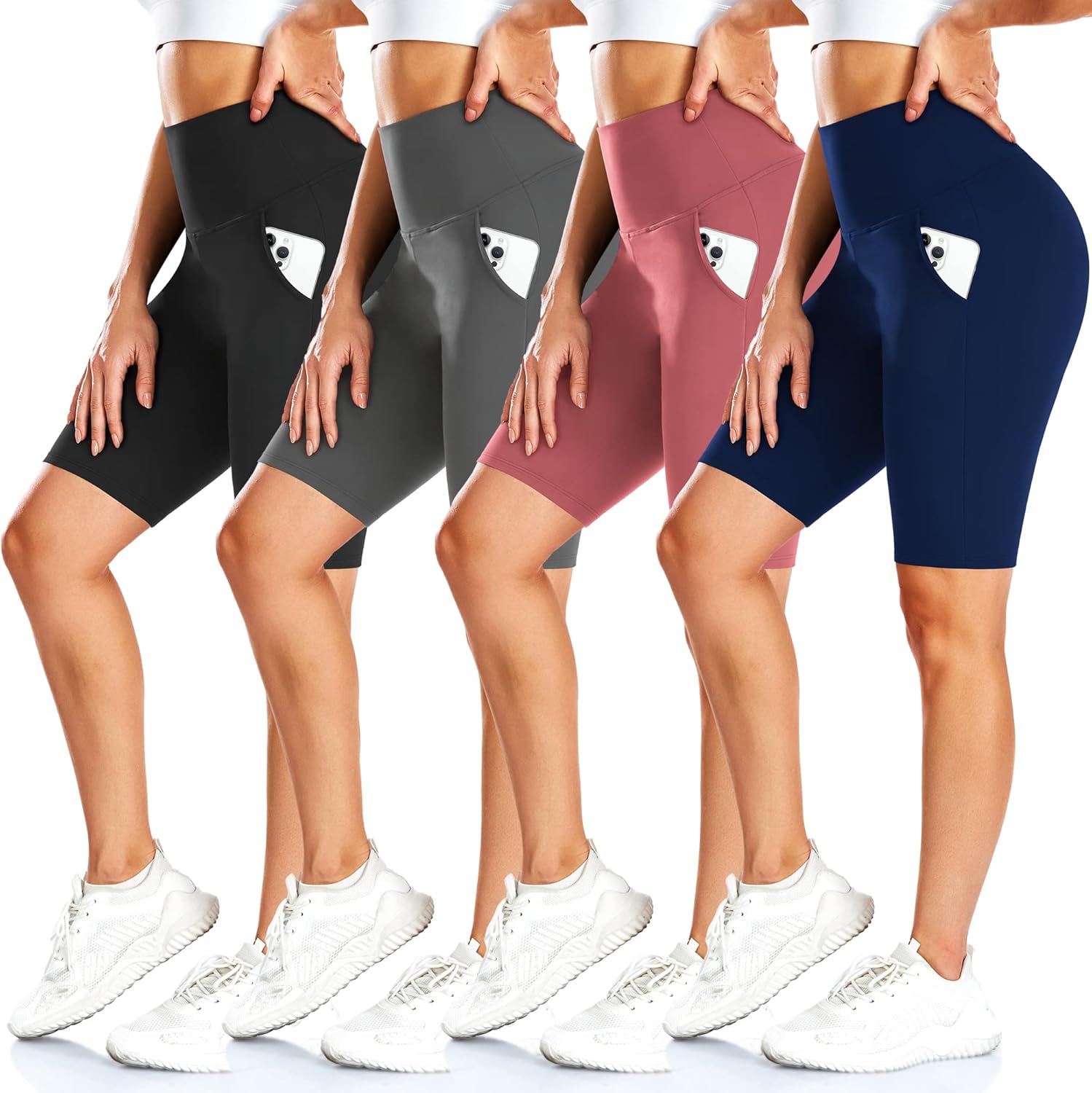 FULLSOFT 4 Pack Biker Shorts for Women with Pockets – 8" High Waisted Tummy Cont...