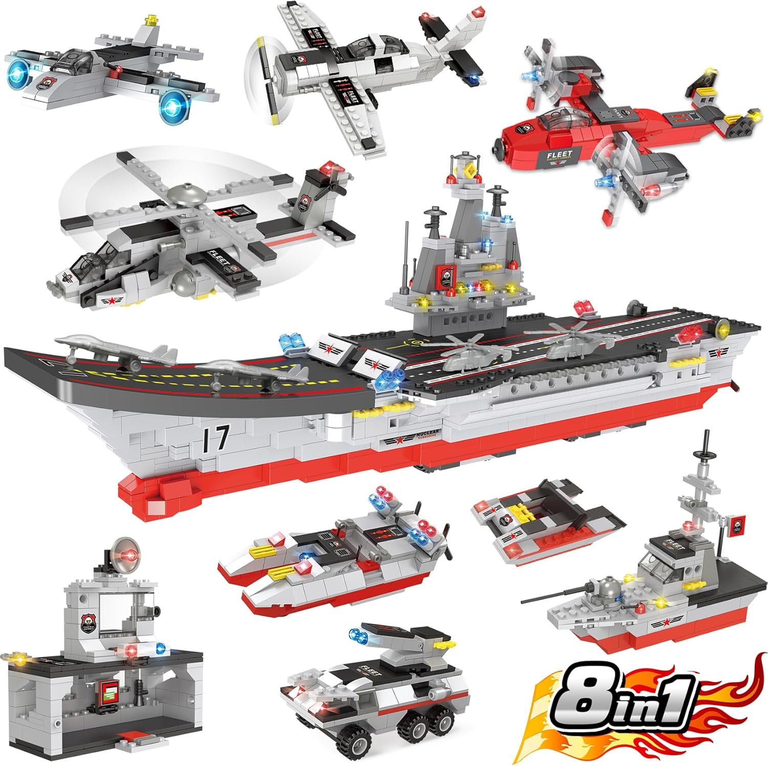 WishaLife 8 in 1 City War Military Aircraft Carrier Toy Building Blocks Set, wit...