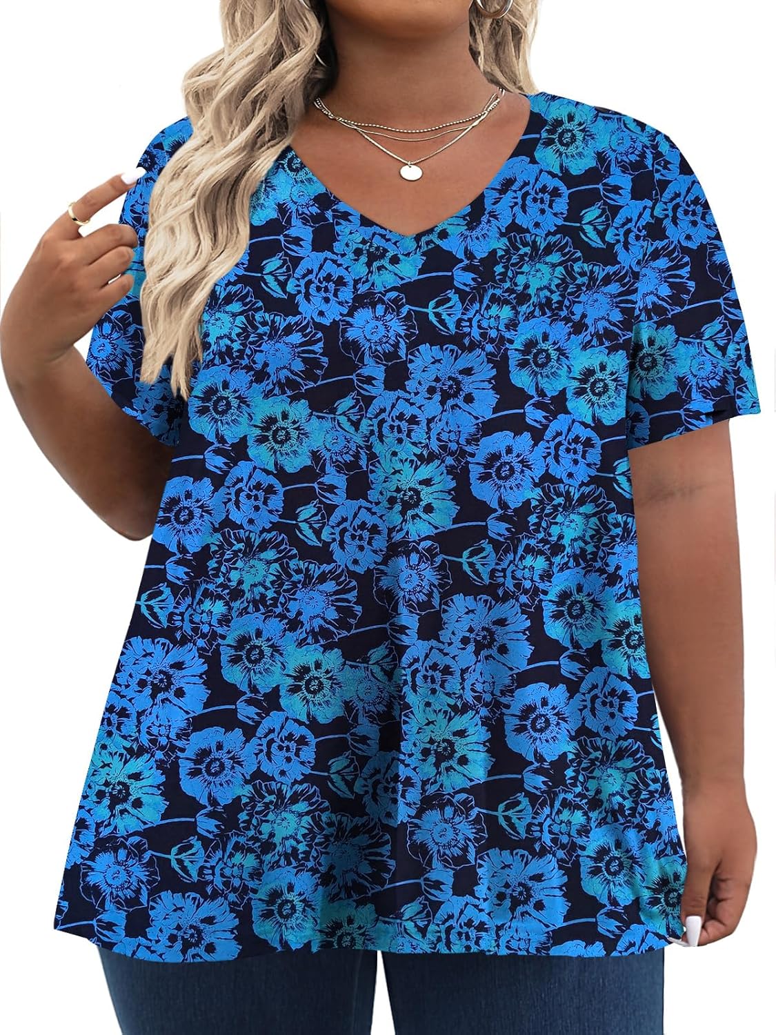 Tencede Womens Plus Size Tops Short Sleeve Tunic Shirts V Neck Summer Floral Loo...