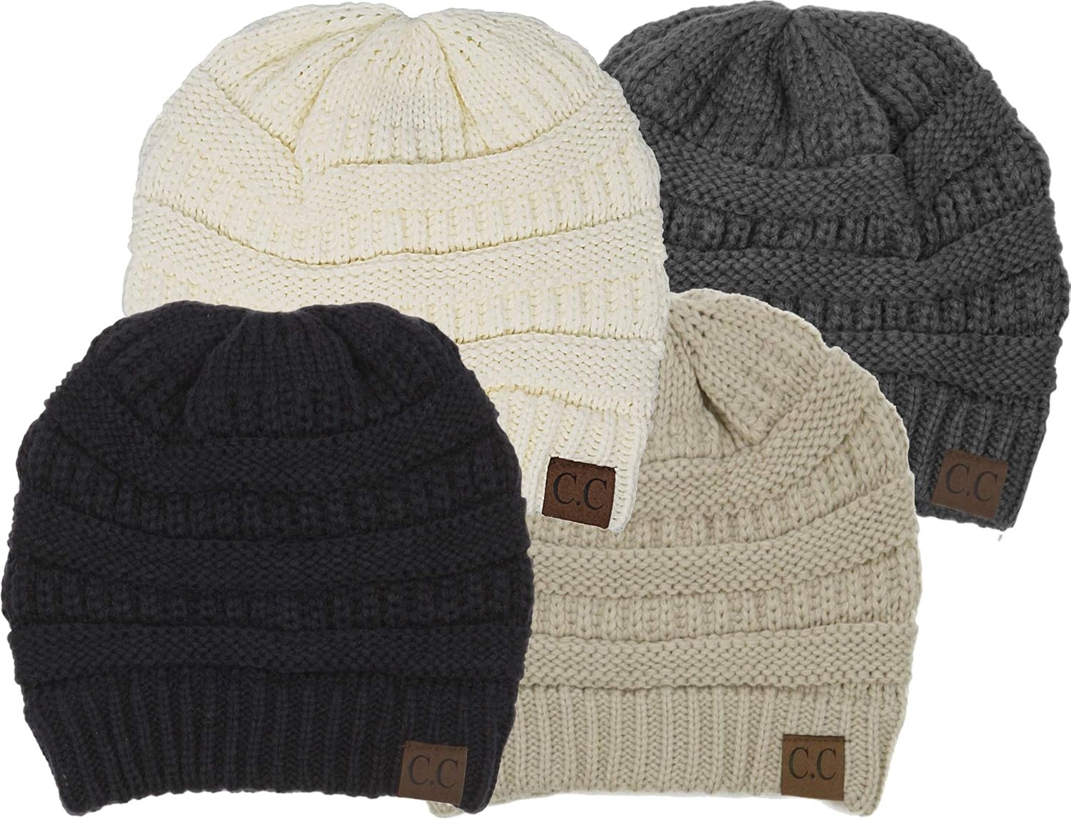 Funky Junque womens Beanie One Size 4 Pack - Black, Ivory, Beige, Dk Melange Gre...