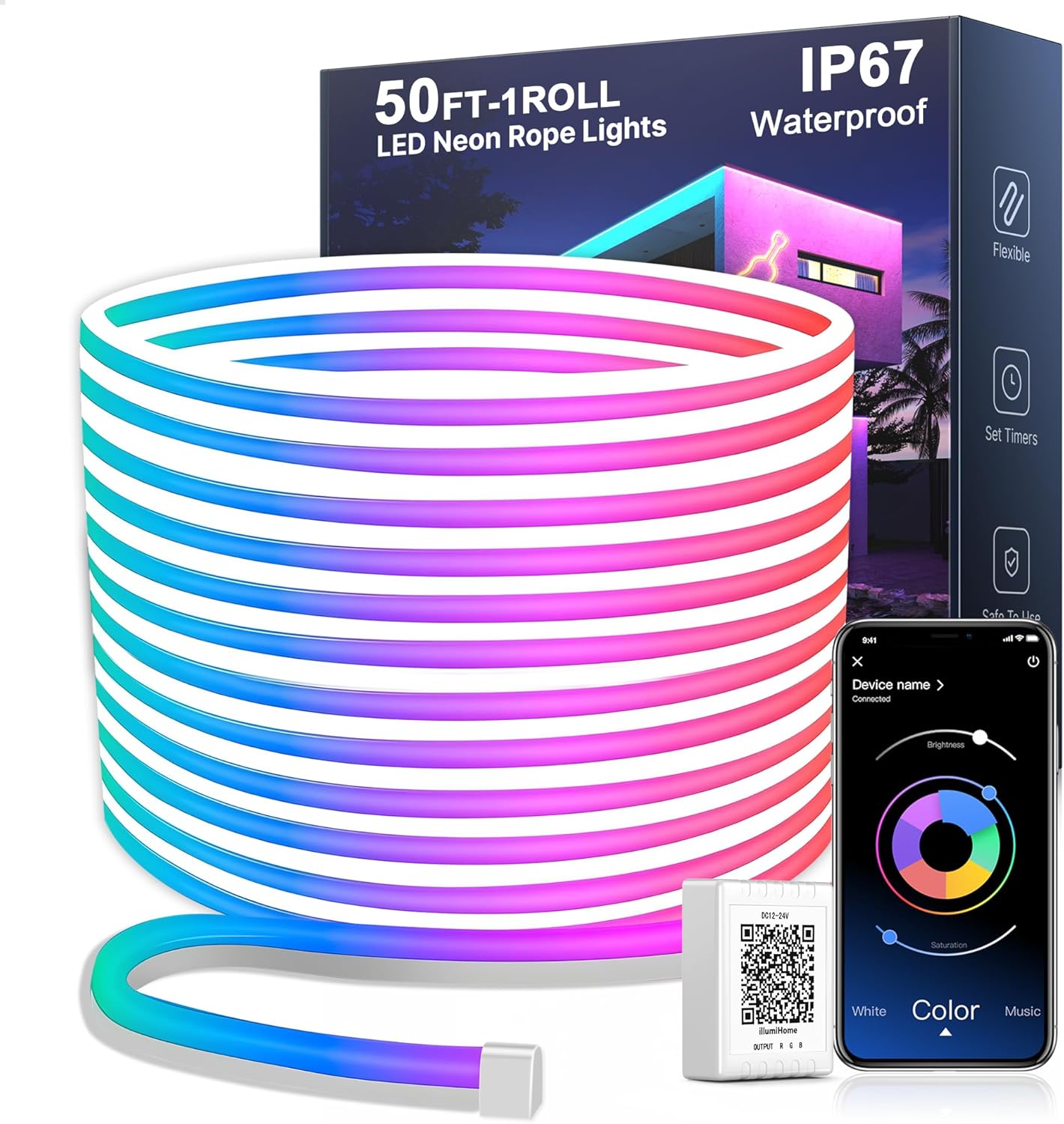 Nexillumi 50FT Neon LED Rope Lights IP67 Waterproof LED Lights for Bedroom Flexi...