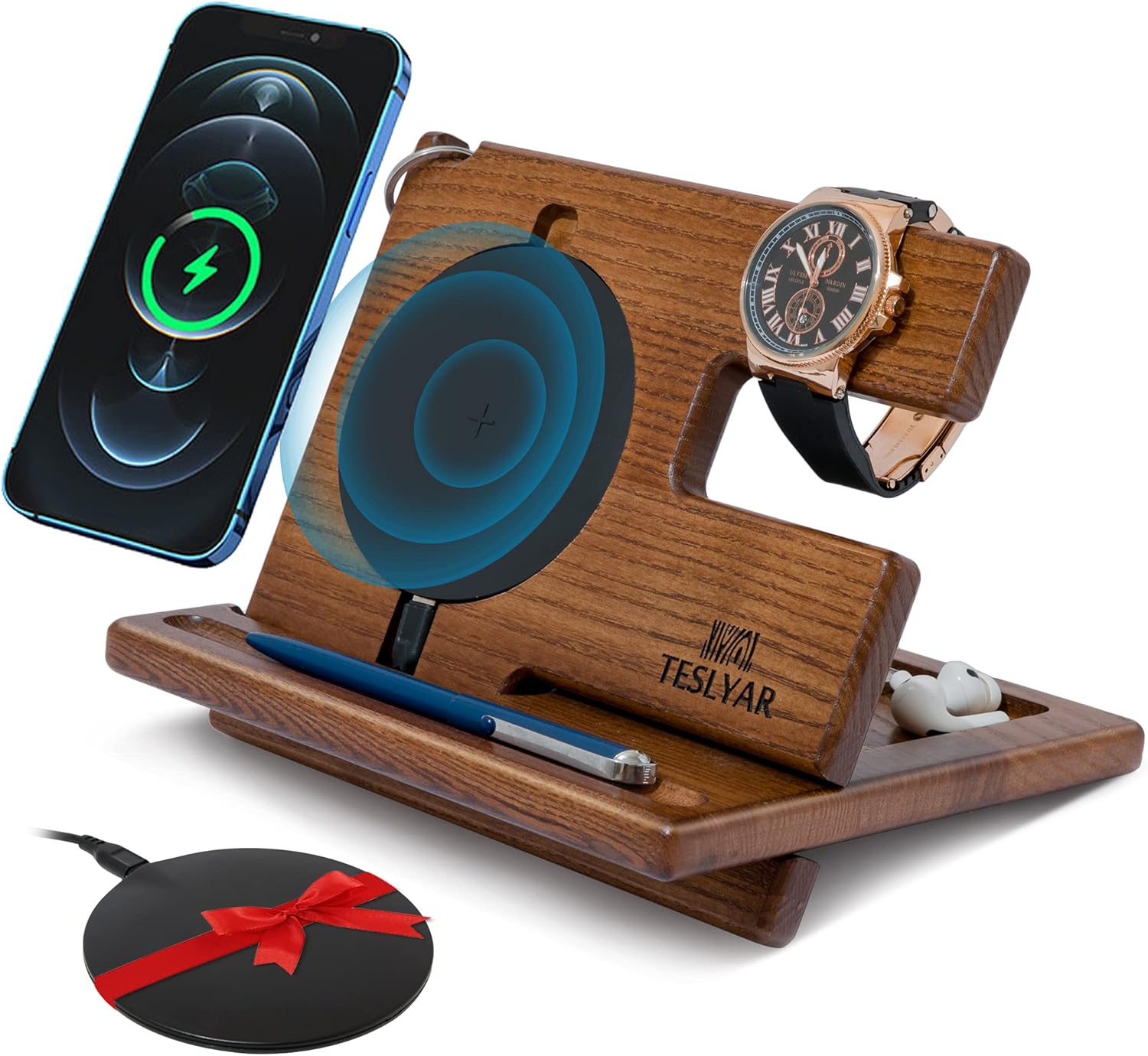 TESLYAR Gifts for Men Wood Phone Docking Station Gifts for him Stand Organizer M...