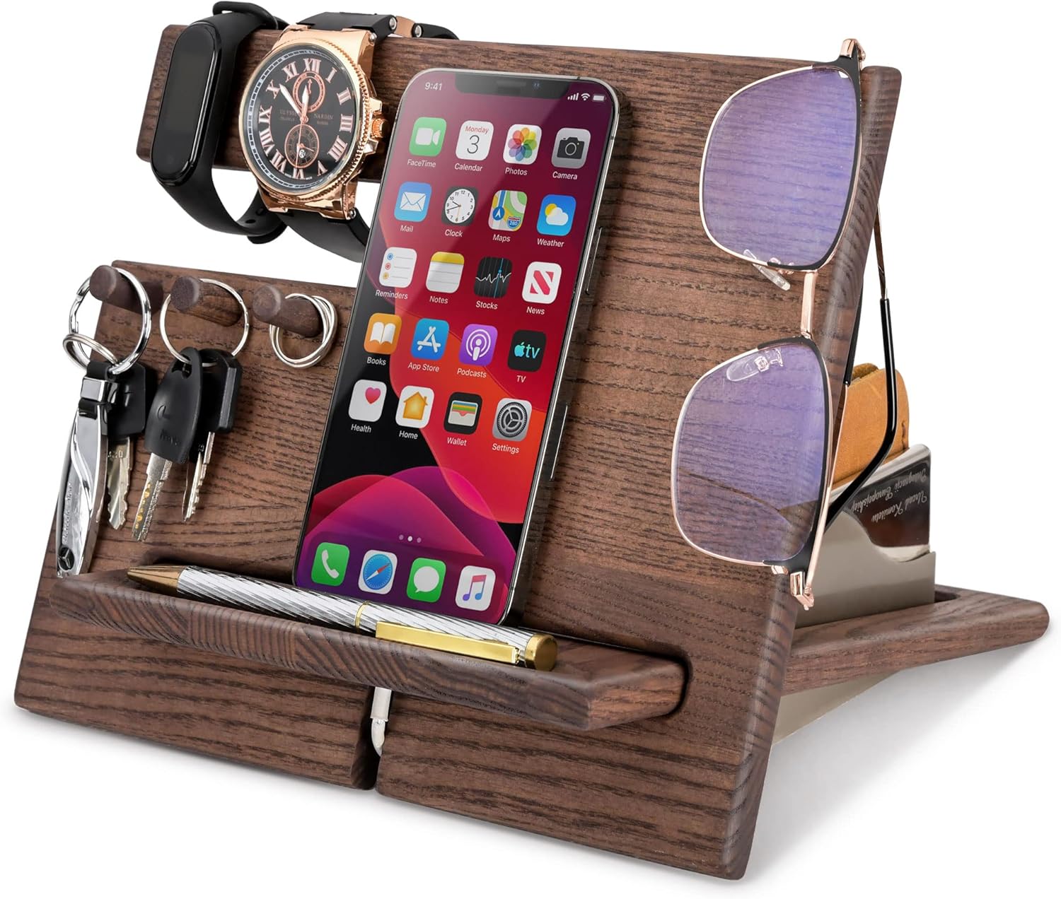 TESLYAR Wood Phone Docking Station Ash Hooks Key Holder Wallet Stand Watch Organ...