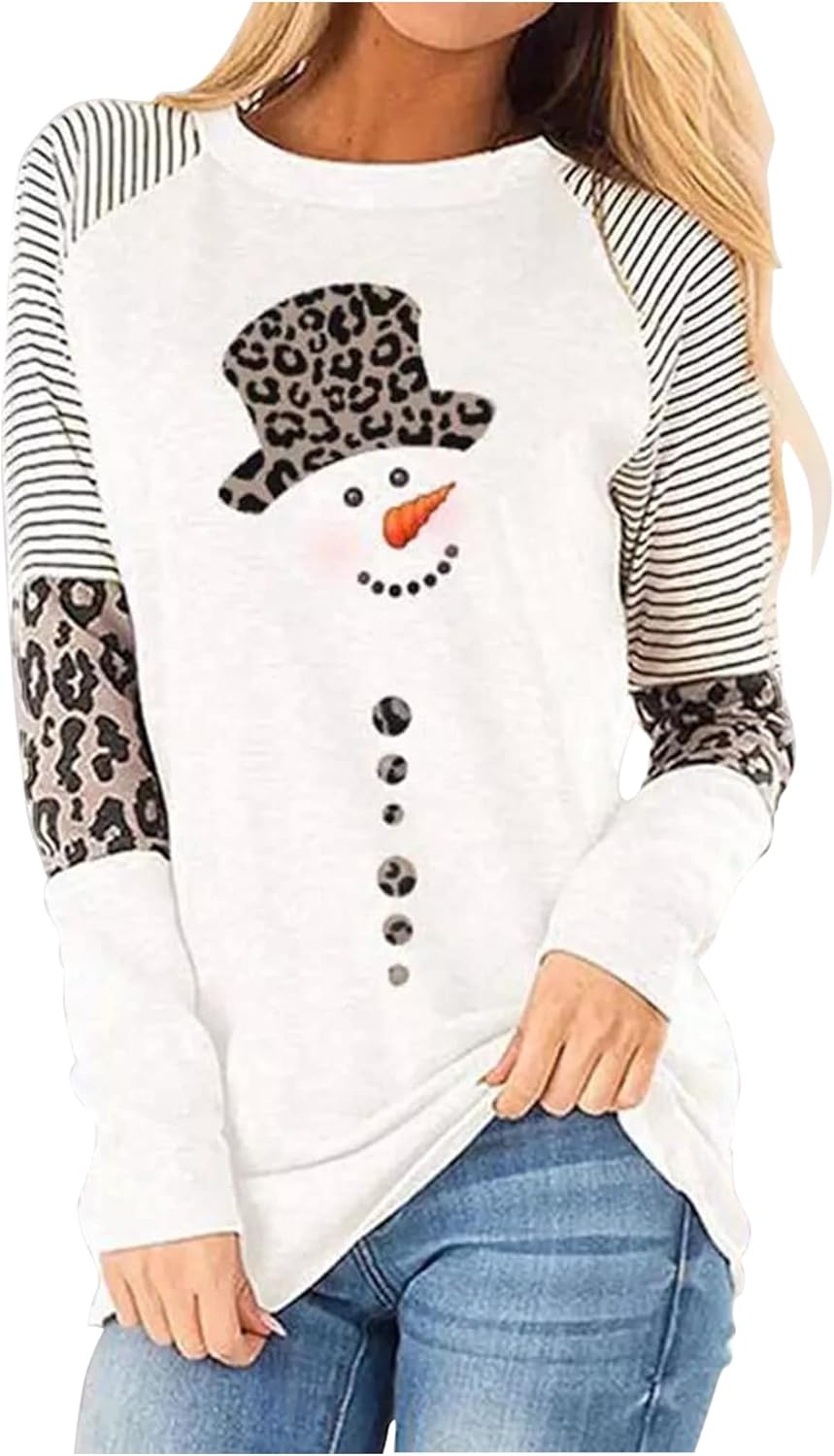 Christmas Snowman Leopard Tunic for Women Color Block Casual Long Sleeve Striped...