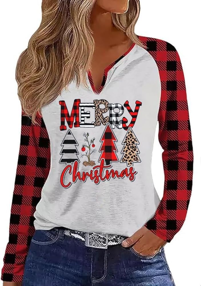 Christmas Snowflake V Neck Shirt for Women Funny Xmas Buffalo Plaid Long Sleeve...