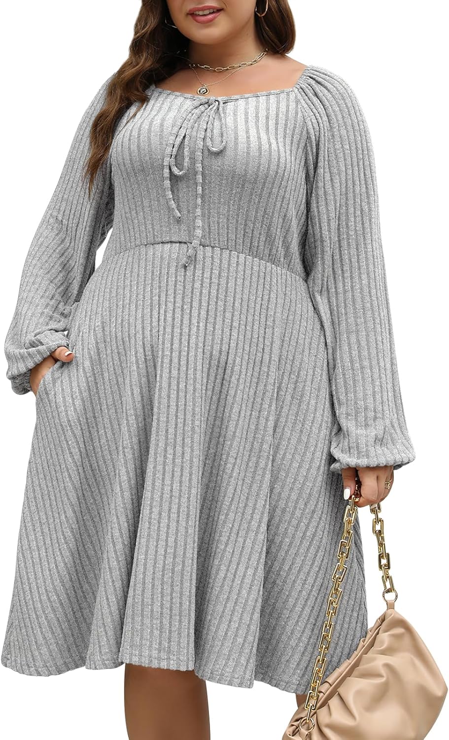 Nemidor Womens Casual Plus Size Square Neck Long Sleeve Ribbed Swing Dress with...
