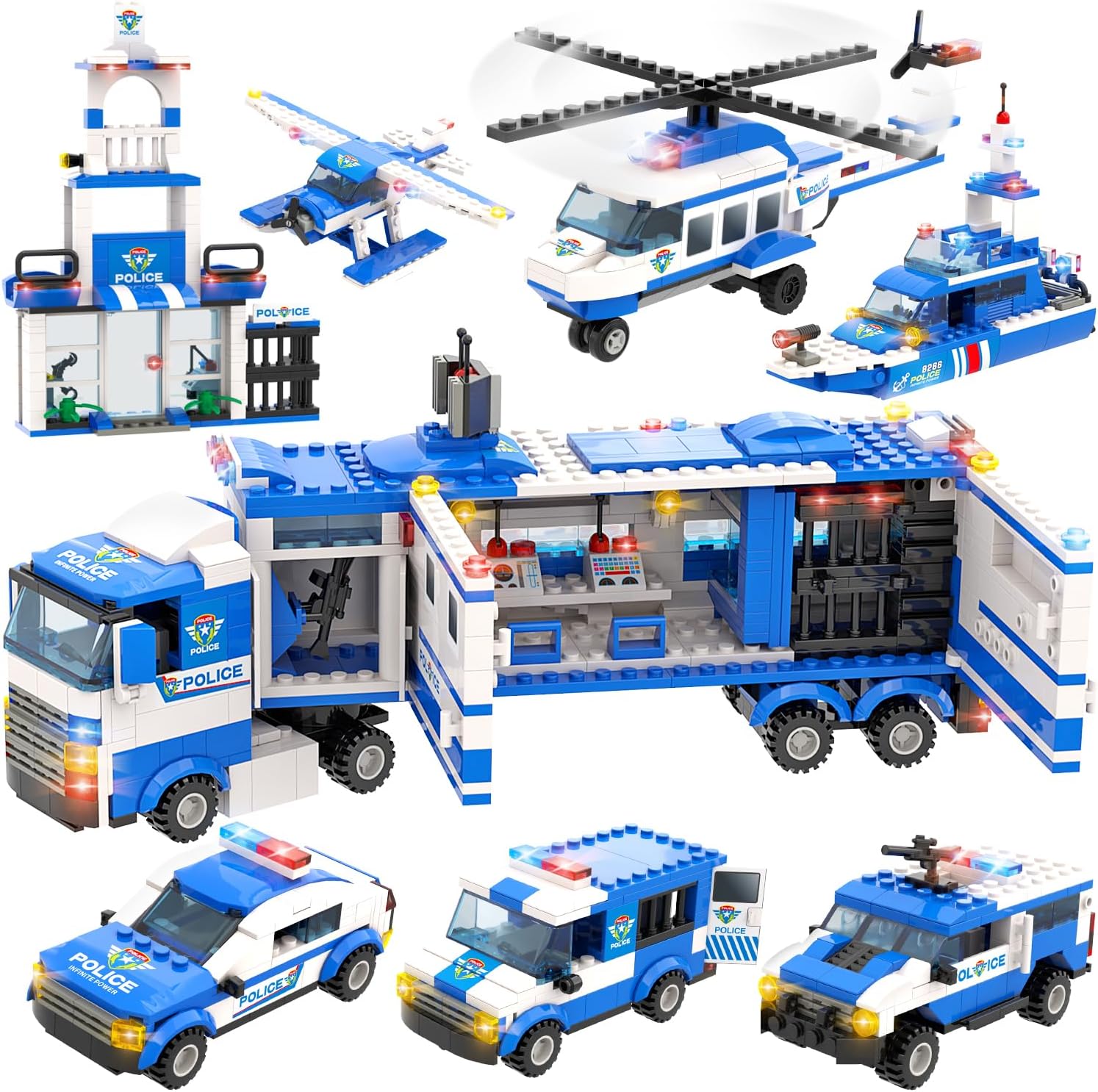WishaLife 8 in 1 City Police Mobile Command Center Truck Toy Building Set, with...