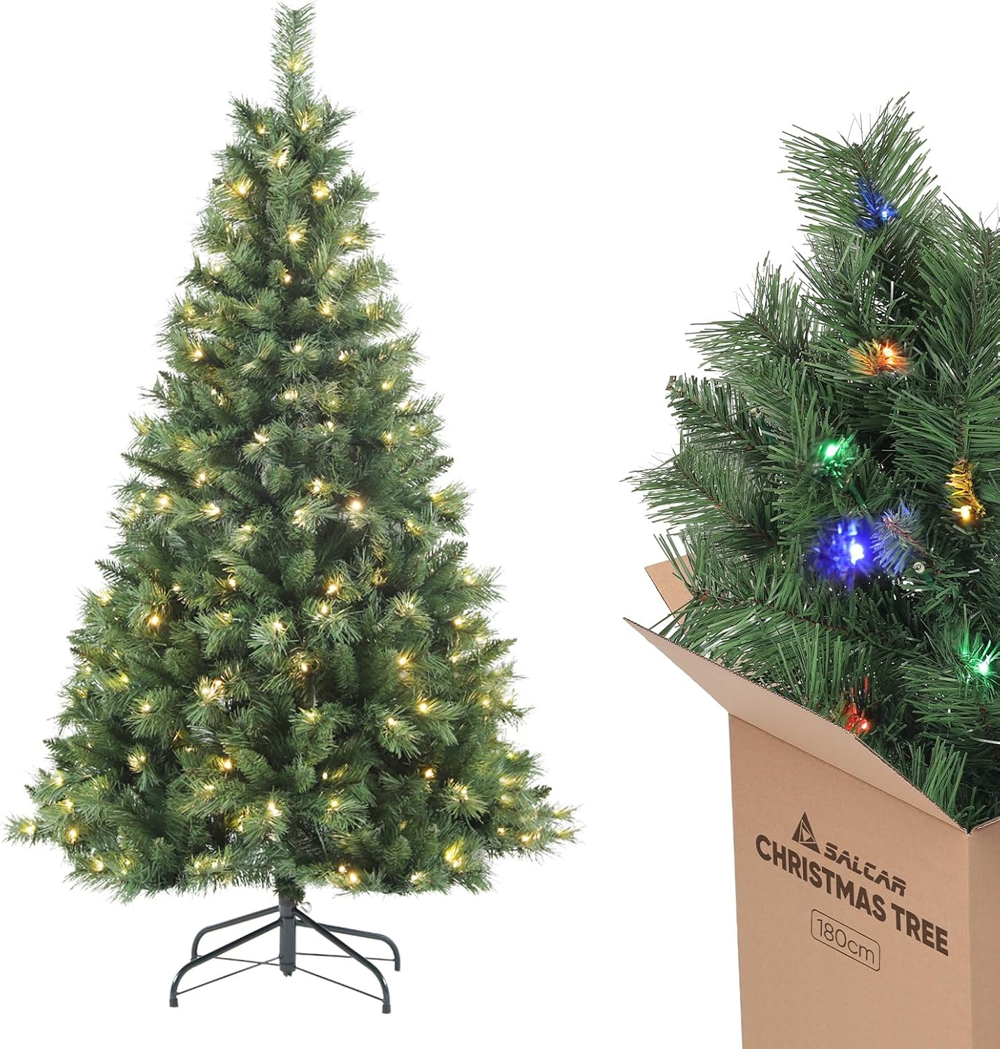 SALCAR Pre Lit Christmas Tree 6ft with 250 Warm White & Multicolor LED Lights –...