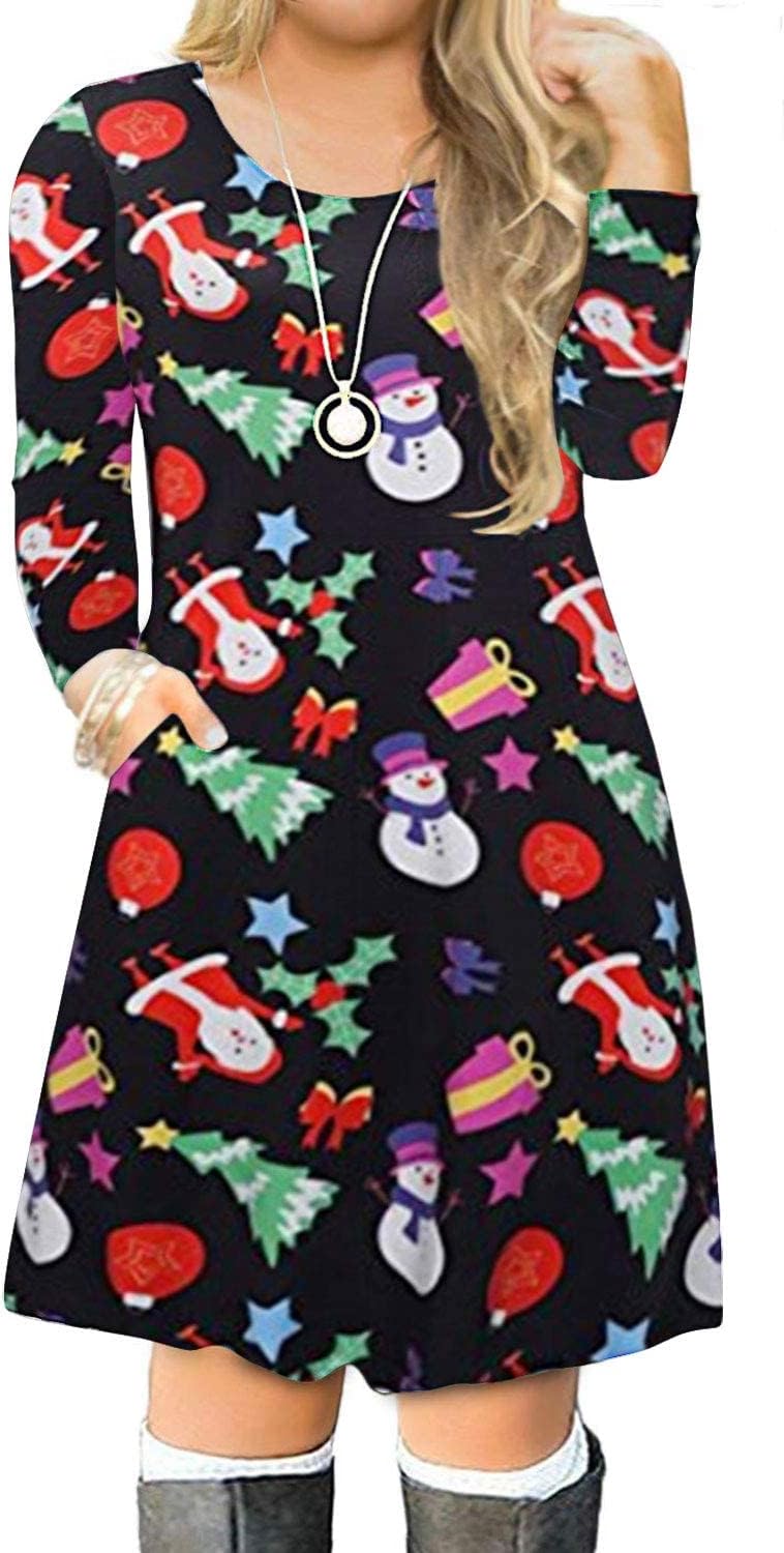 VISLILY Women's Plus Size Christmas Print Casual Swing T-Shirt Dress with Pocket...
