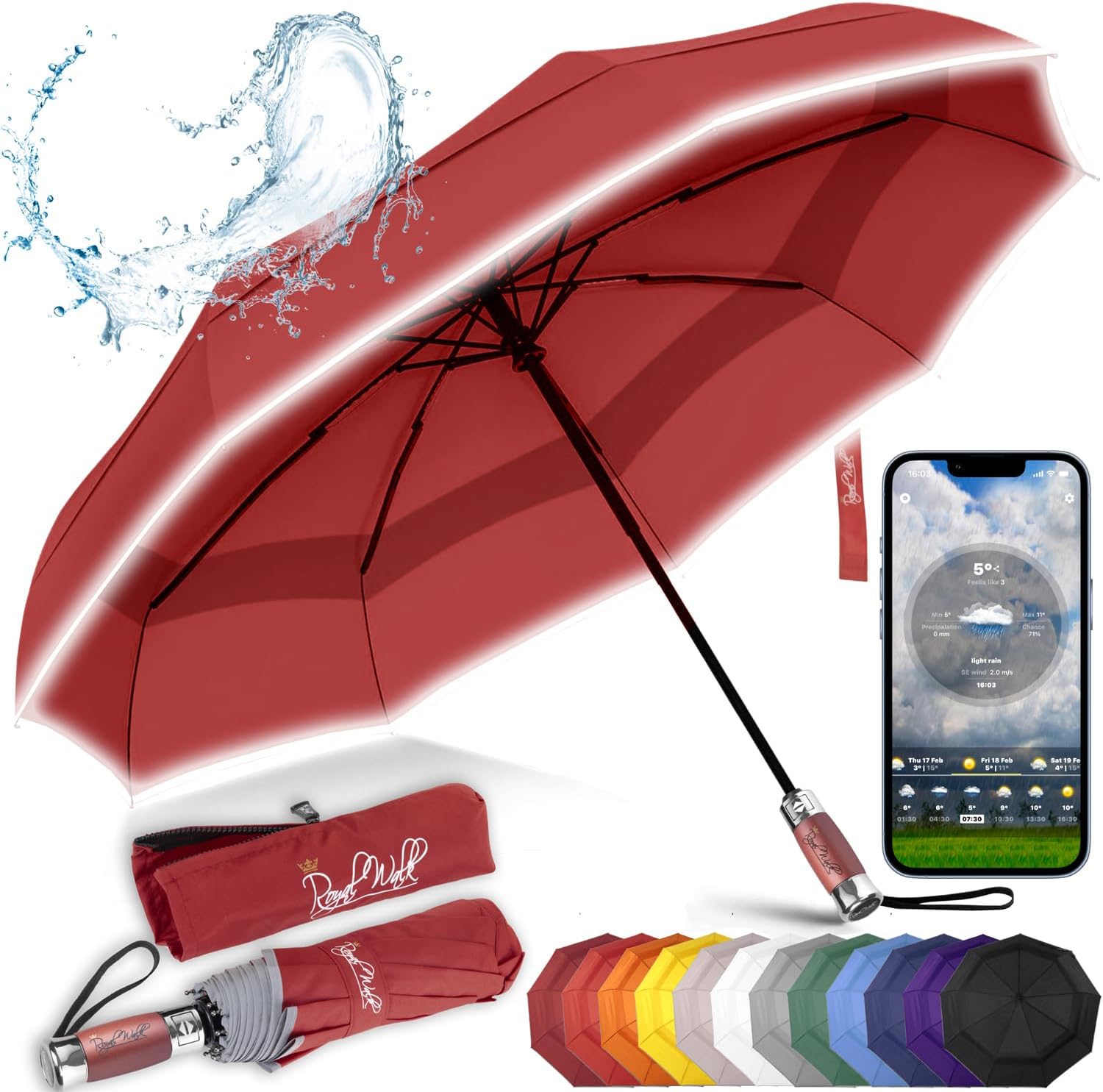 Royal Walk Windproof Folding Travel Umbrella Compact and Strong Luxurious Real W...