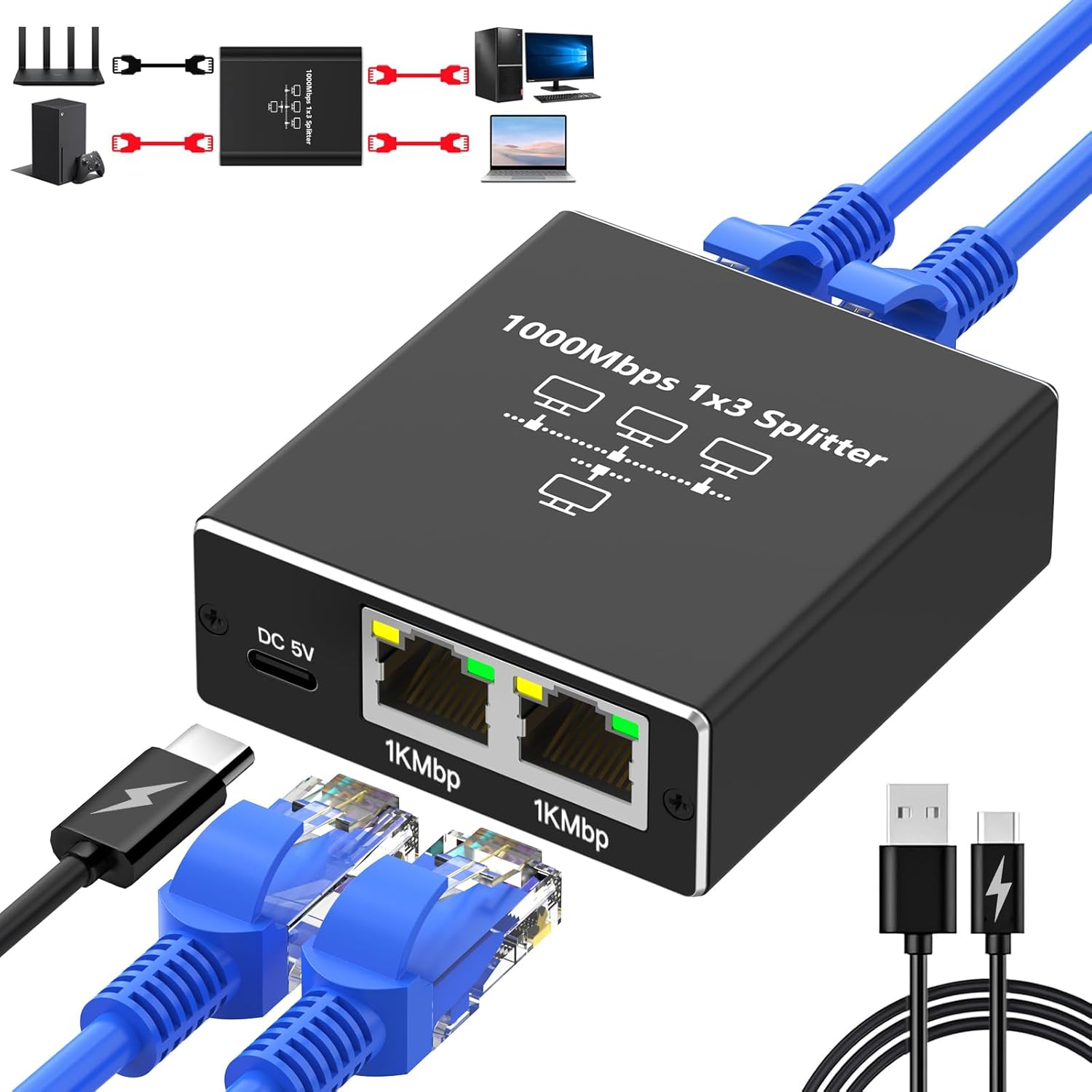 Ethernet Splitter 1 to 3, Gigabit Ethernet Switch, 1000Mbps RJ45 LAN Internet Sp...