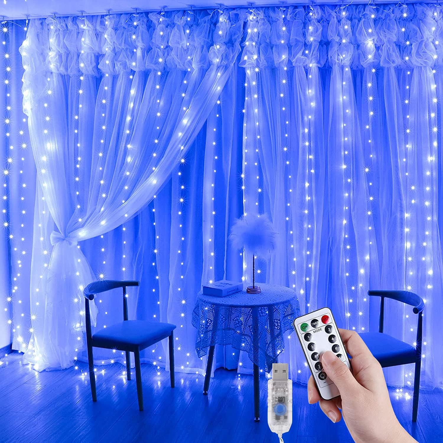 Anpro LED Curtain Light, USB DC5V Power Supply 300 LEDS Blue Curtain Light, 3*3...