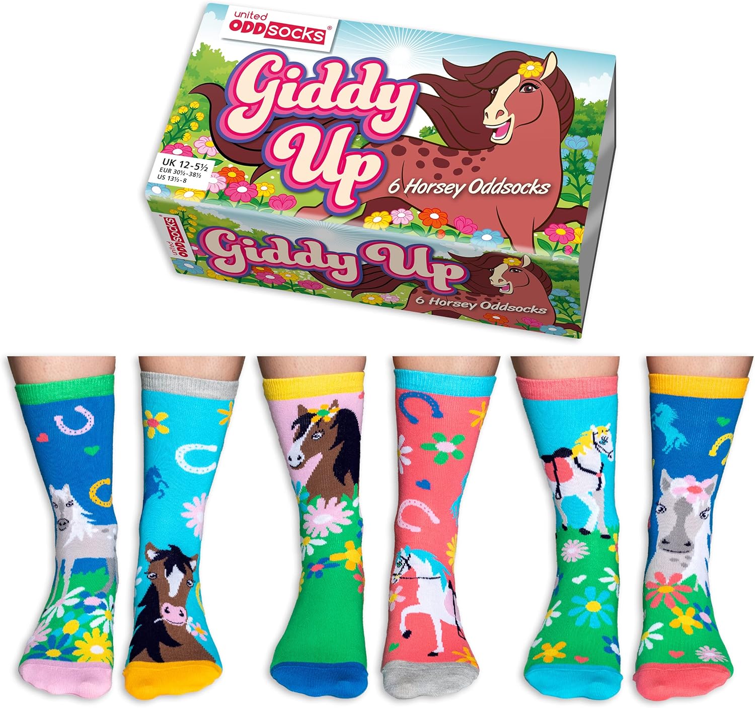 United Oddsocks Giddy Up - Box of 6 Horsey Calf Socks for Girls UK 12-5.5 (EUR 3...