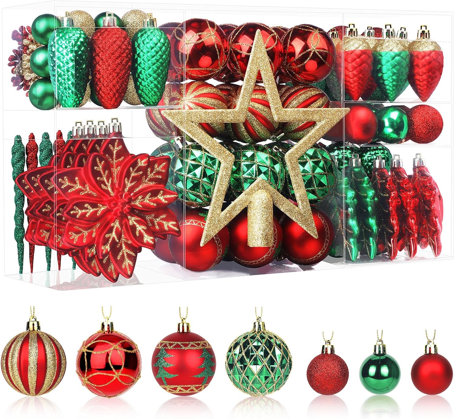 SHareconn Christmas Tree Decorations Baubles Set Red & Green, 106 pcs in 14 Type...