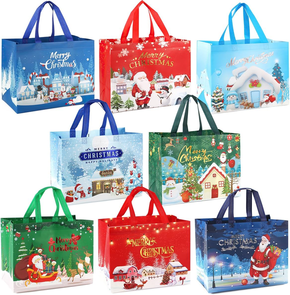 8PCS Christmas Bags for Gifts, Foil Tote Bags with Handles, Christmas Treat Bags...
