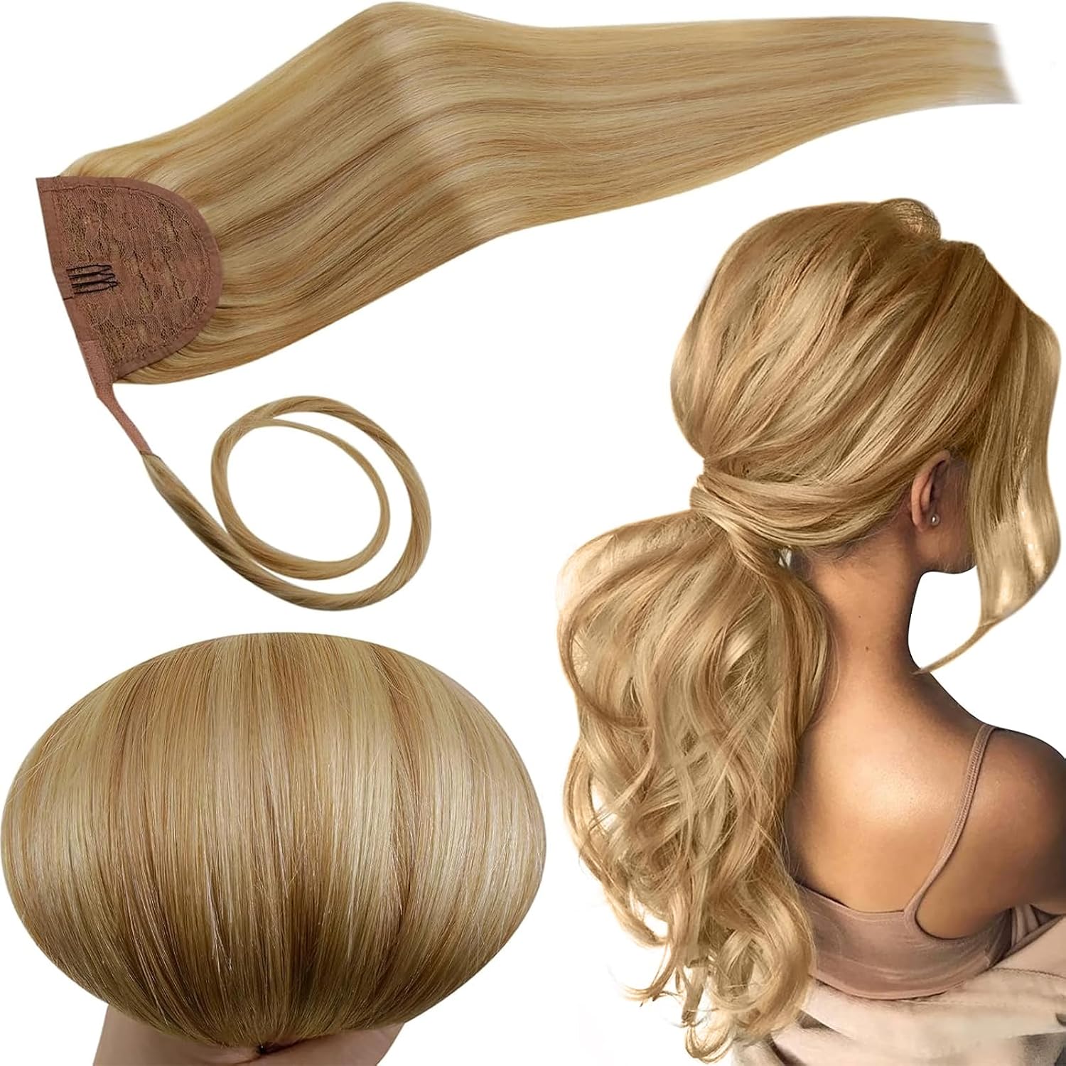 RUNATURE Human Hair Ponytail Extension Golden Blonde Highlight Light Blonde Pony...