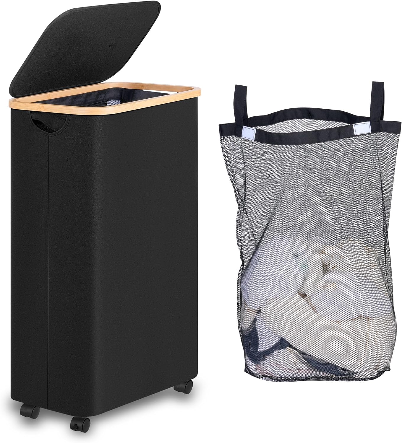 iEGrow Laundry Basket with Lid 75L, Slim Washing Basket with Wheels and Bamboo H...