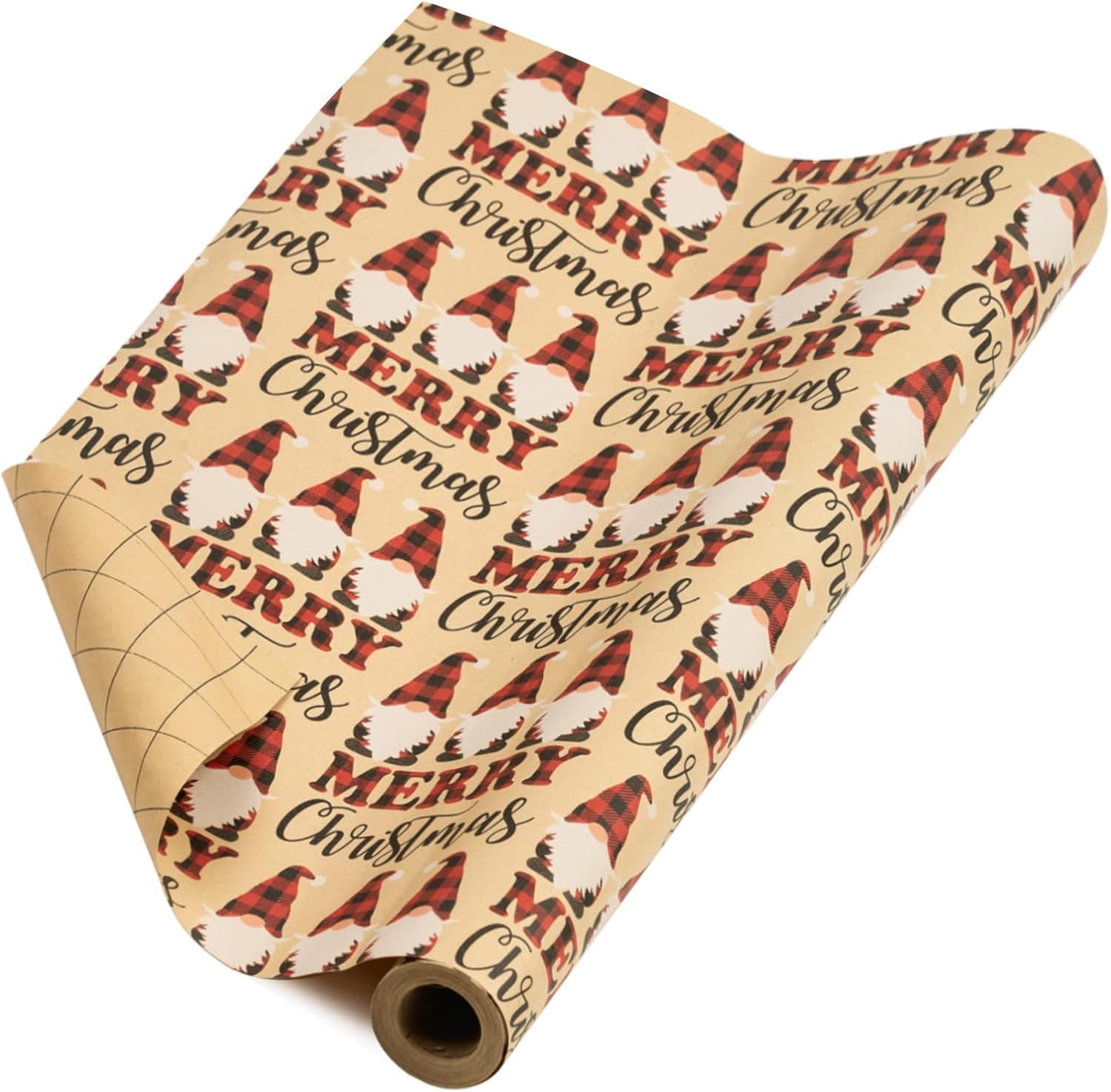 RUSPEPA Kraft Christmas Wrapping Paper Roll - Red and Black Plaid Gnome Design f...