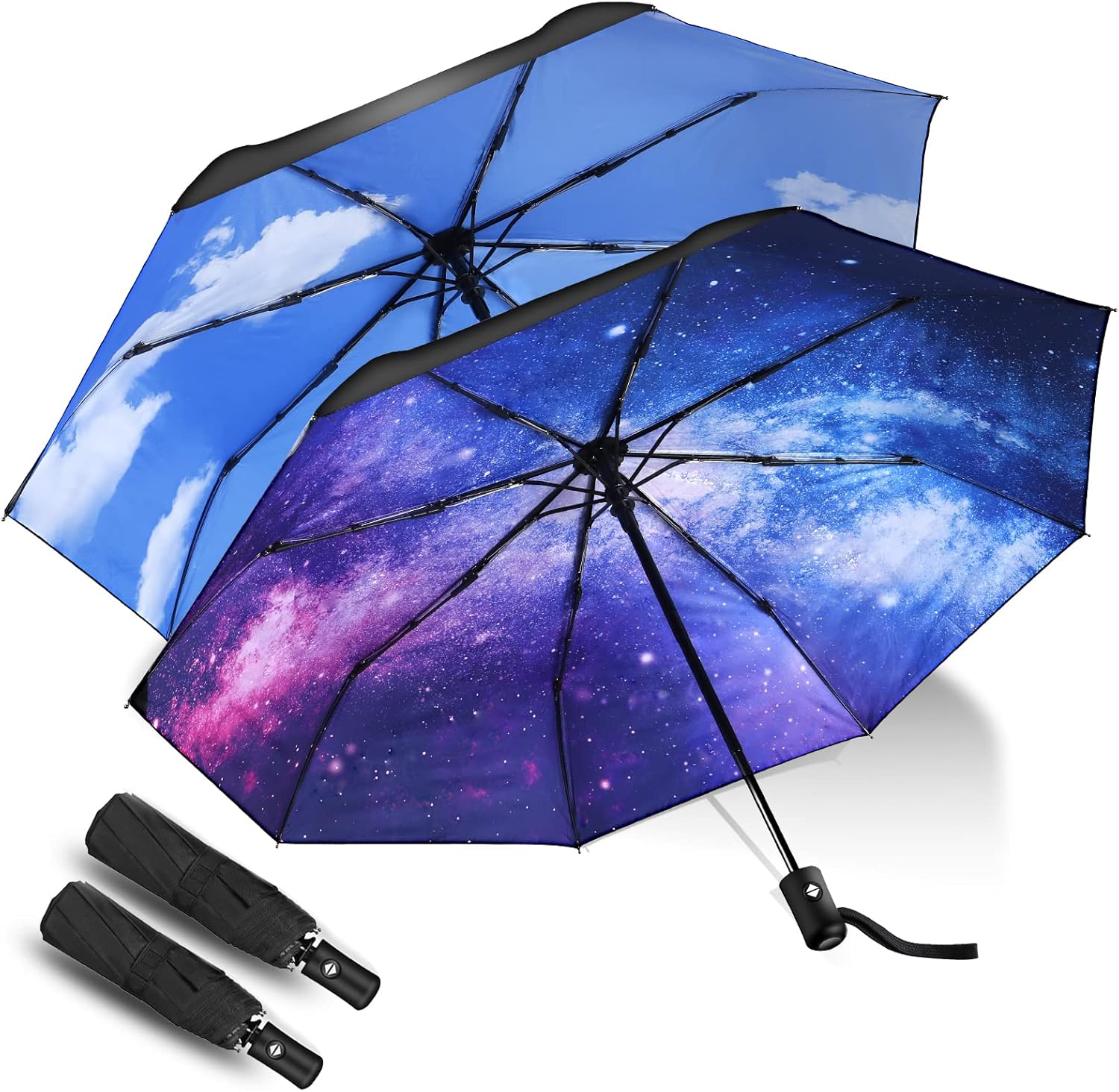 JIGUOOR 2 Pack Folding Umbrella Windproof Compact Travel, Auto Open/Close UV Pro...