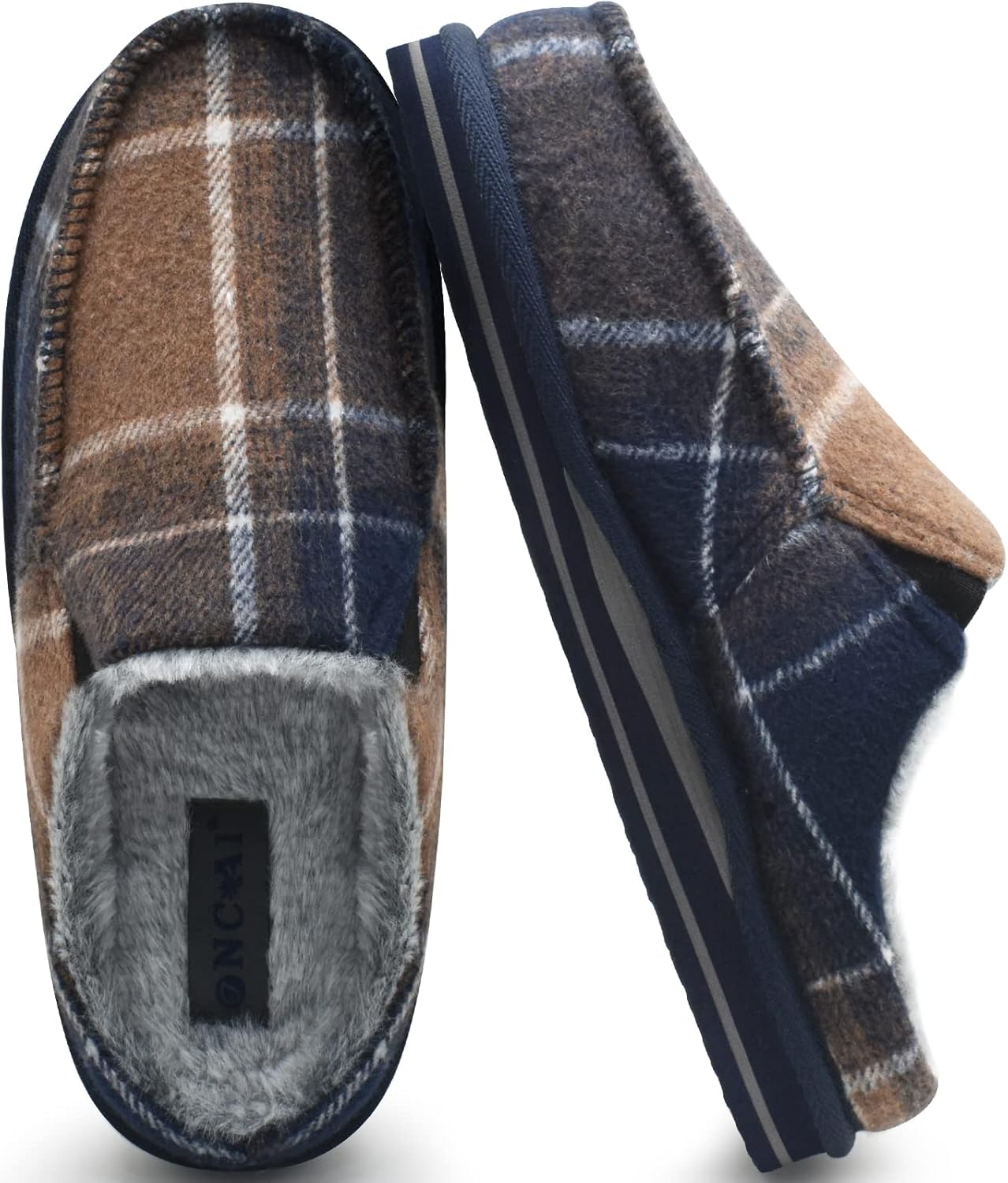 ONCAI Mens Clog Slippers with Arch Support Stripe Faux Fur Cotton-Blend High-Den...