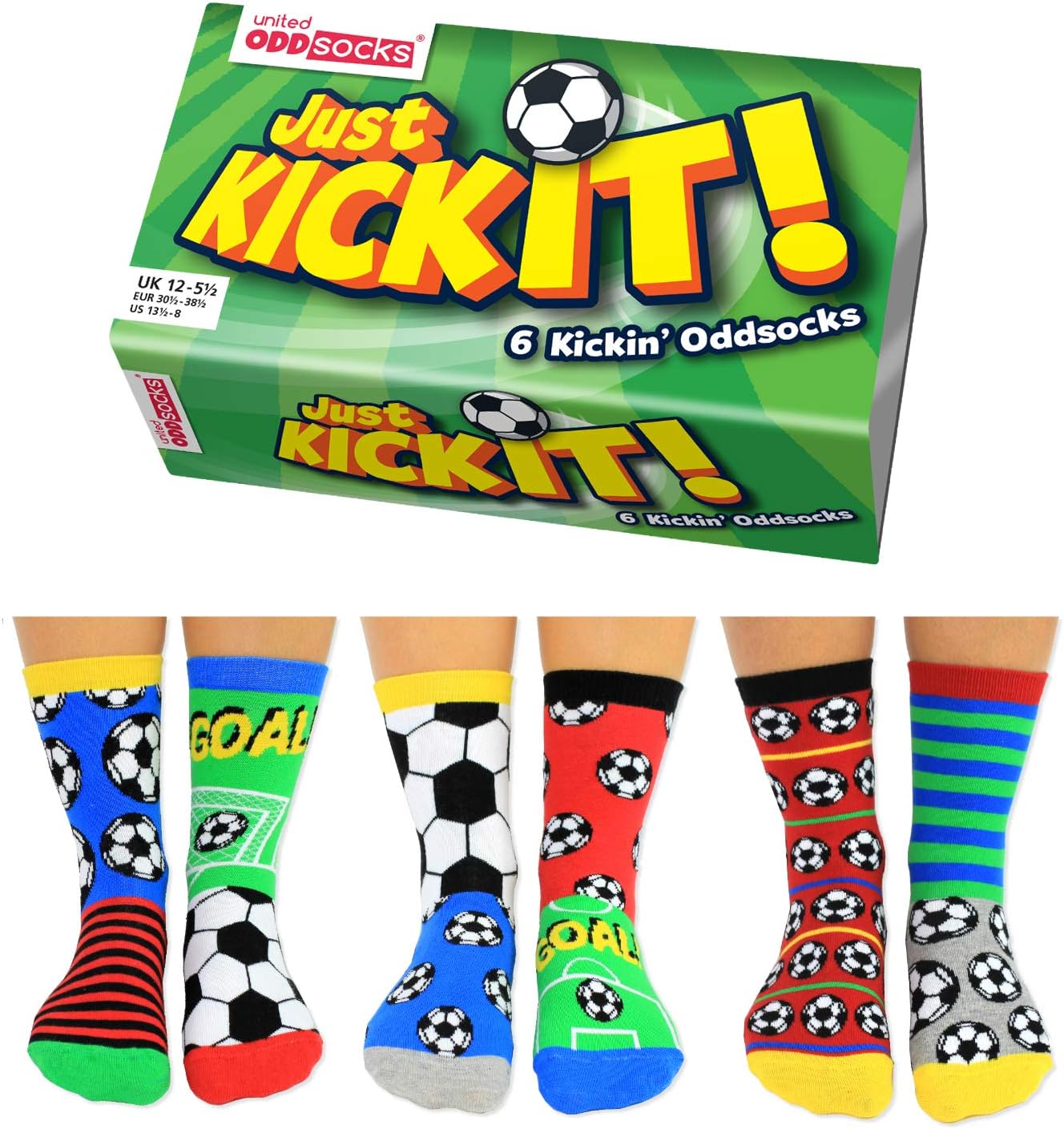 United Oddsocks - Box 6 Oddsocks For Boys Kick It, Multicoloured, UK 12-6, EUR 3...