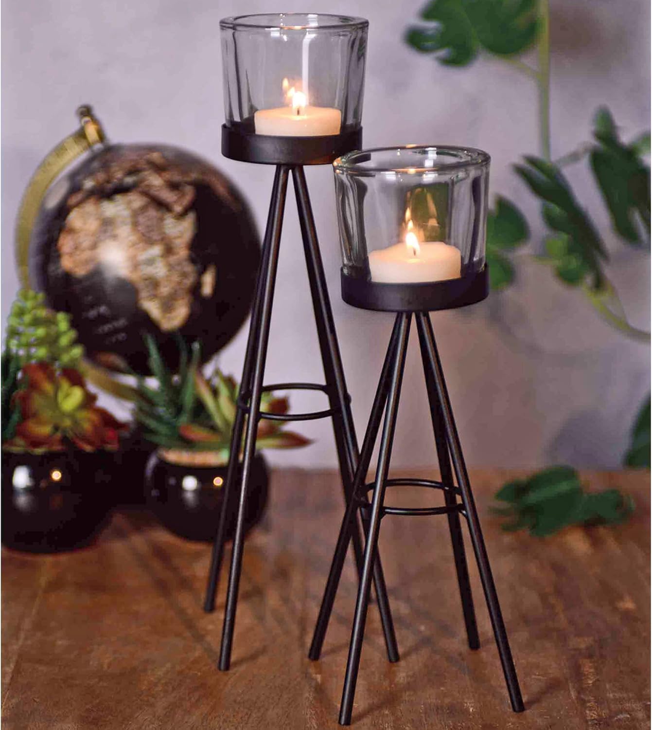 URBNLIVING 2 Metal Tea Light Candle Stick Stand Glass Holder Set 8x19cm & 8x24cm